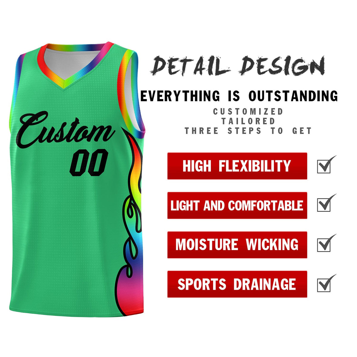 Custom Kelly Green Side Flame Pattern Fashion Sports Uniform Basketball Jersey