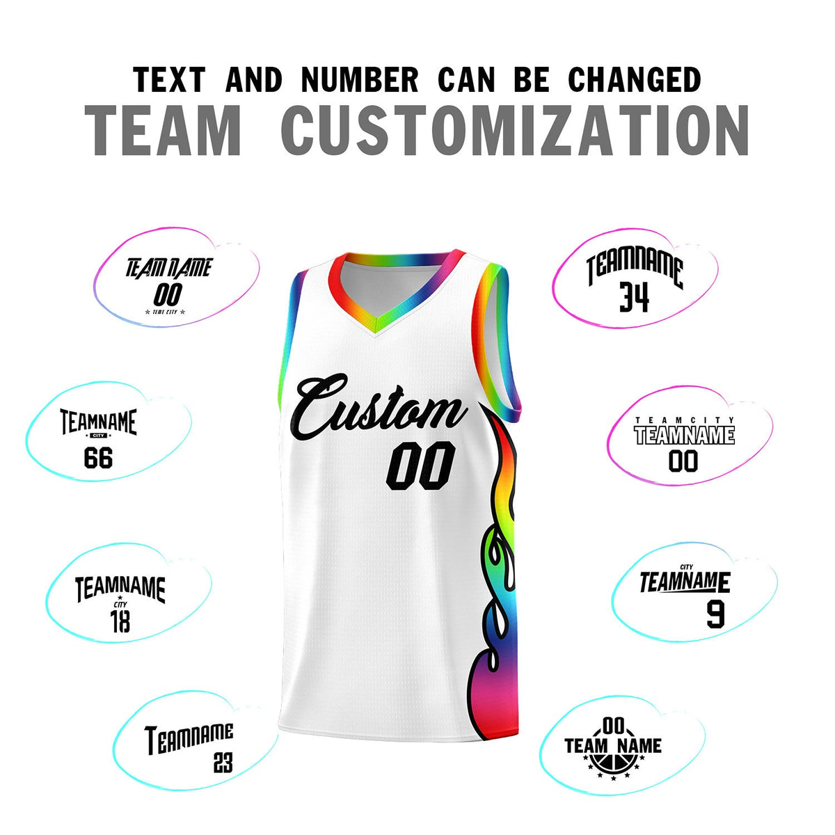 Custom White Side Flame Pattern Fashion Sports Uniform Basketball Jersey