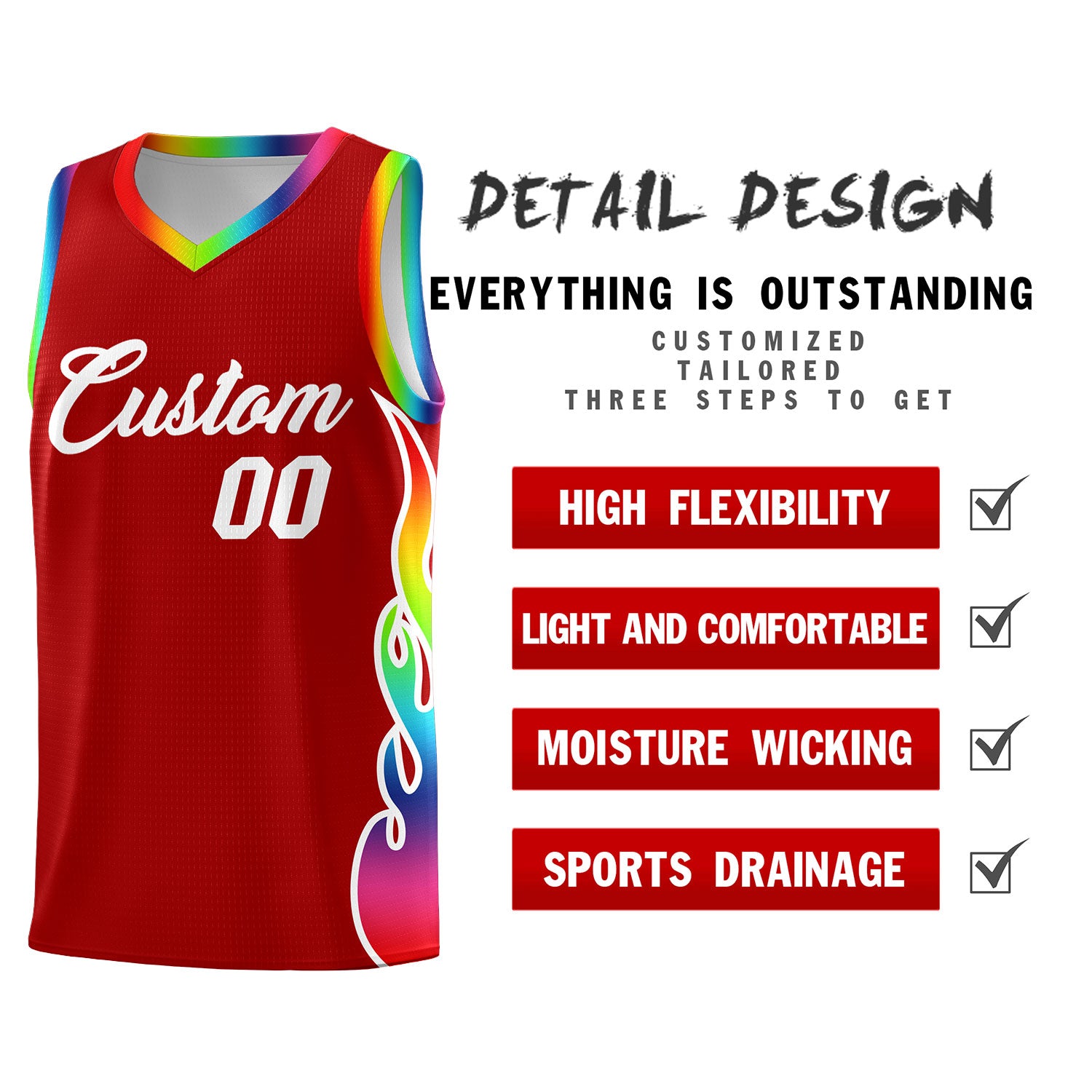 Custom Red Side Flame Pattern Fashion Sports Uniform Basketball Jersey