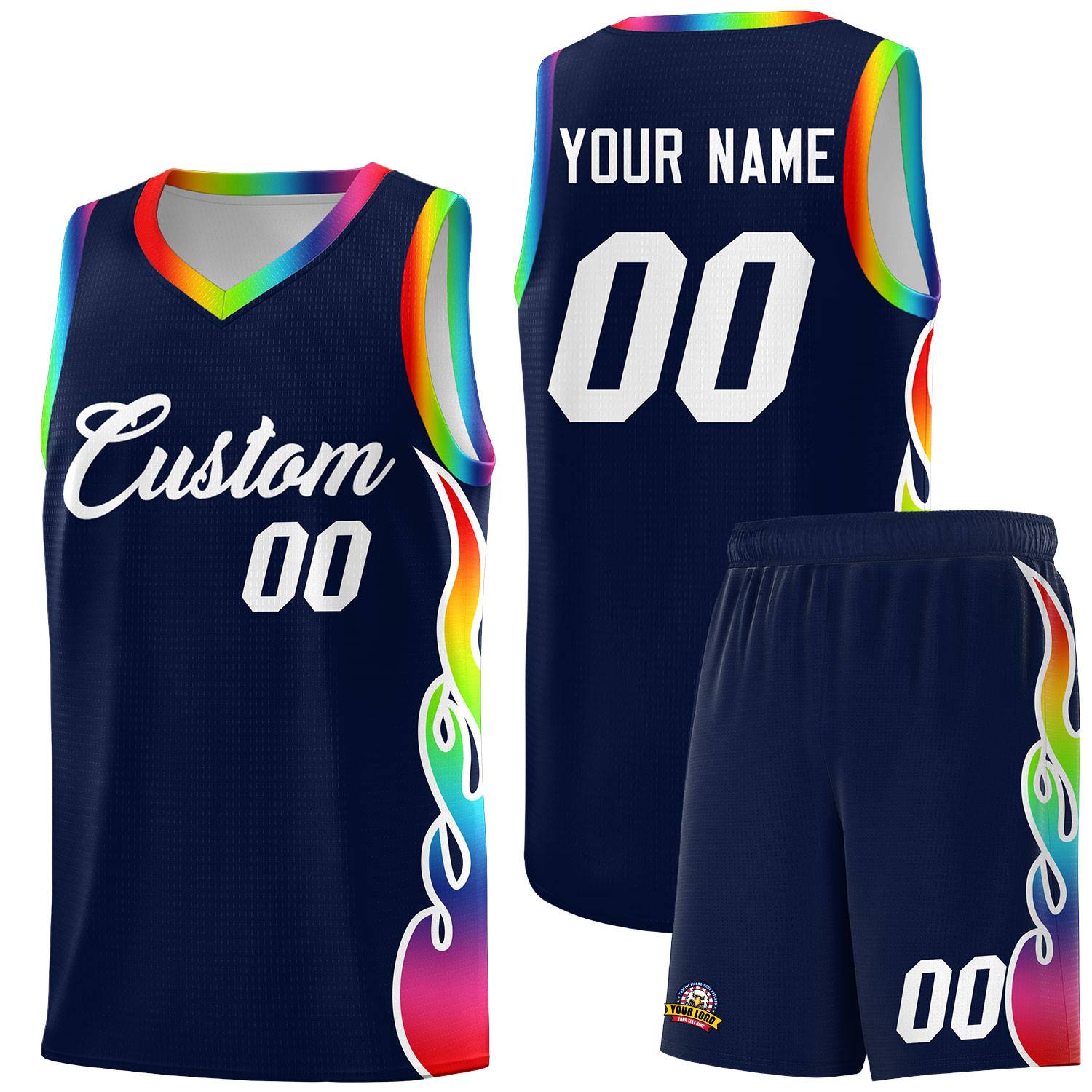 Custom Navy Side Flame Pattern Fashion Sports Uniform Basketball Jersey