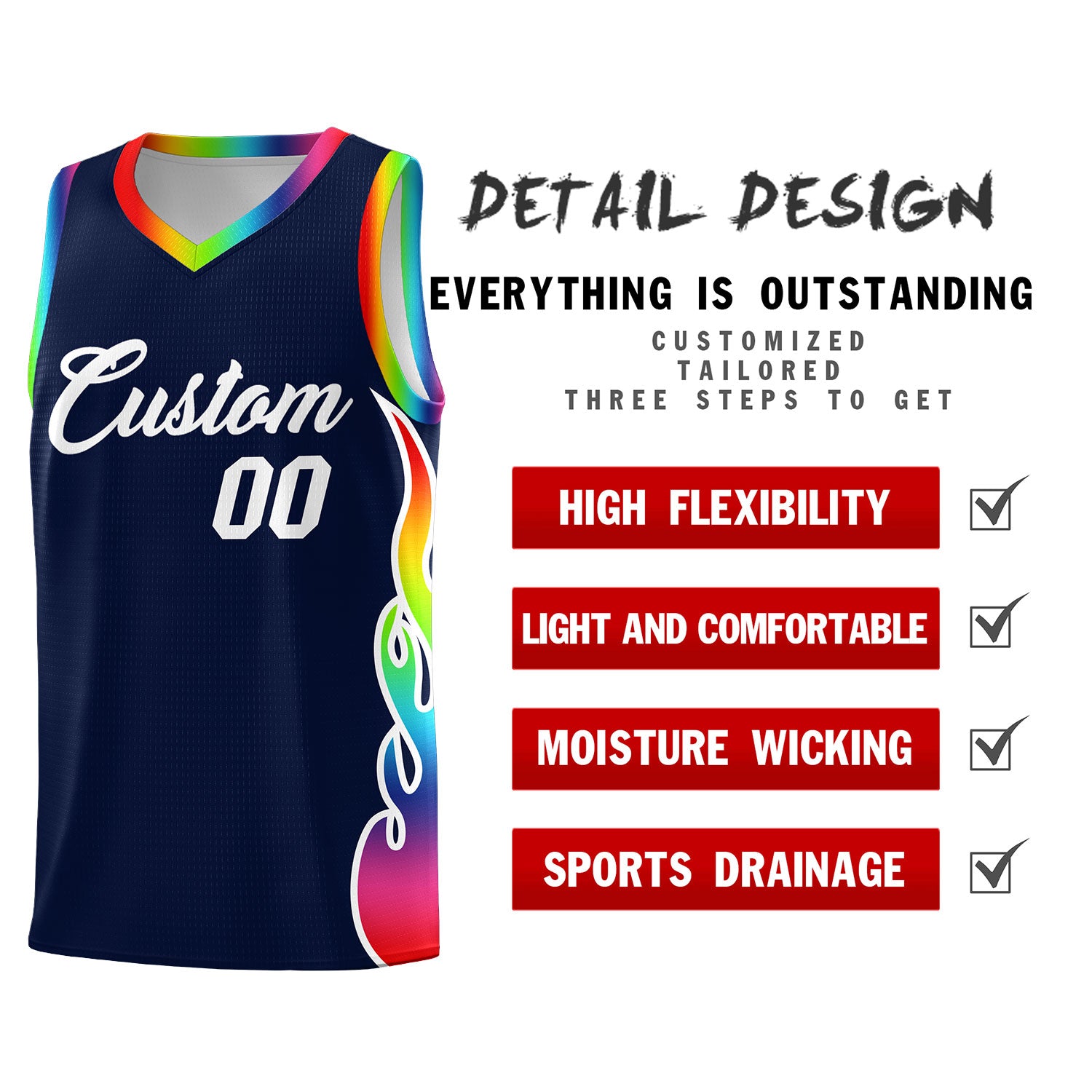 Custom Navy Side Flame Pattern Fashion Sports Uniform Basketball Jersey