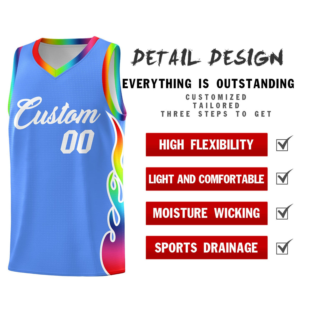 Custom Powder Blue Side Flame Pattern Fashion Sports Uniform Basketball Jersey
