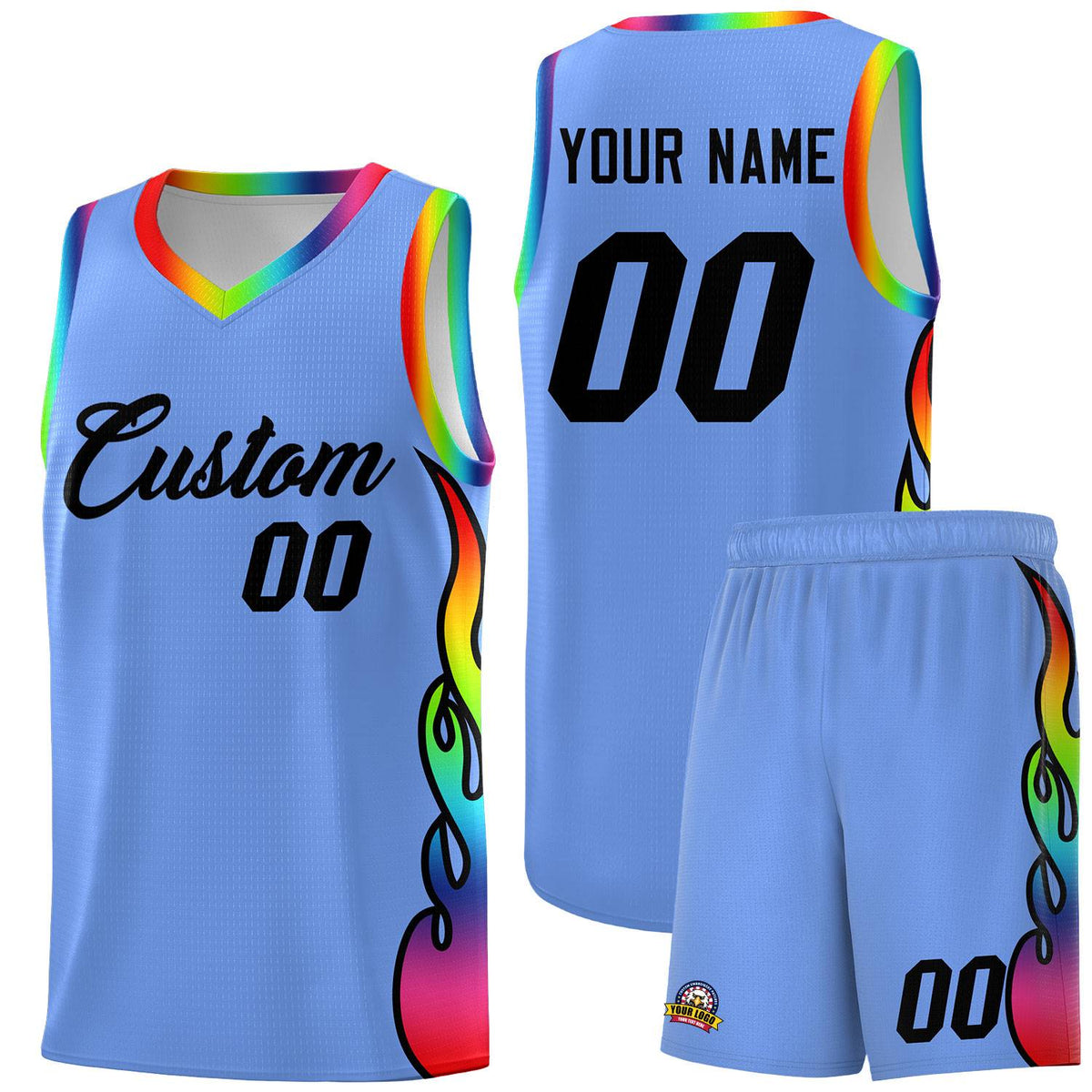 Custom Light Blue Side Flame Pattern Fashion Sports Uniform Basketball Jersey