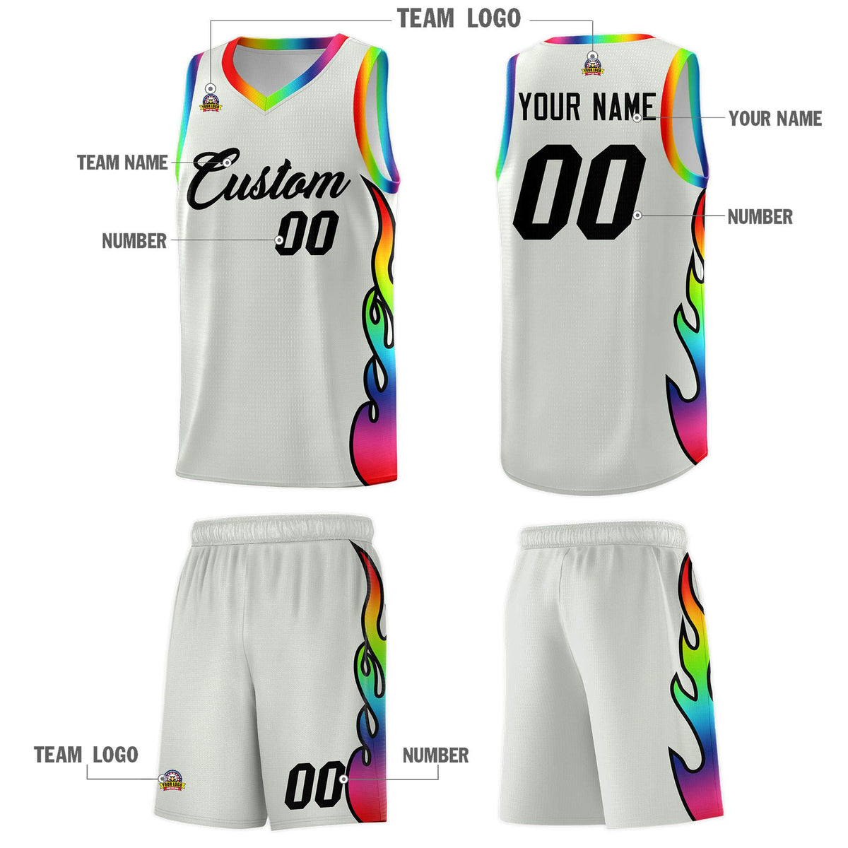 Custom Gray Side Flame Pattern Fashion Sports Uniform Basketball Jersey