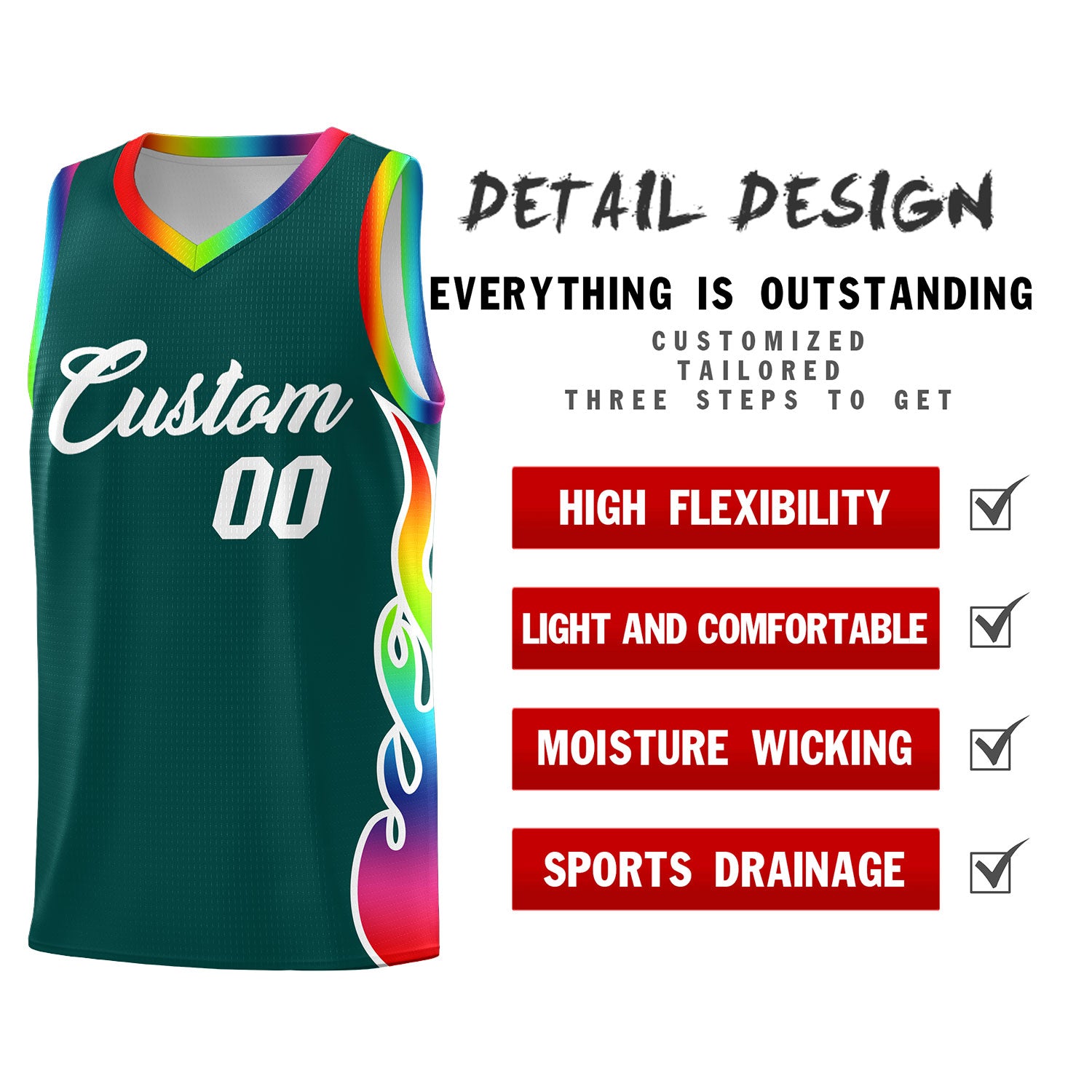 Custom Midnight Green Side Flame Pattern Fashion Sports Uniform Basketball Jersey