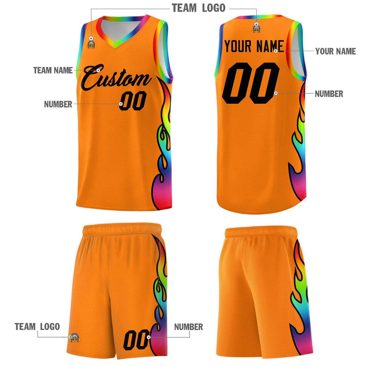 Custom Orange Side Flame Pattern Fashion Sports Uniform Basketball Jersey