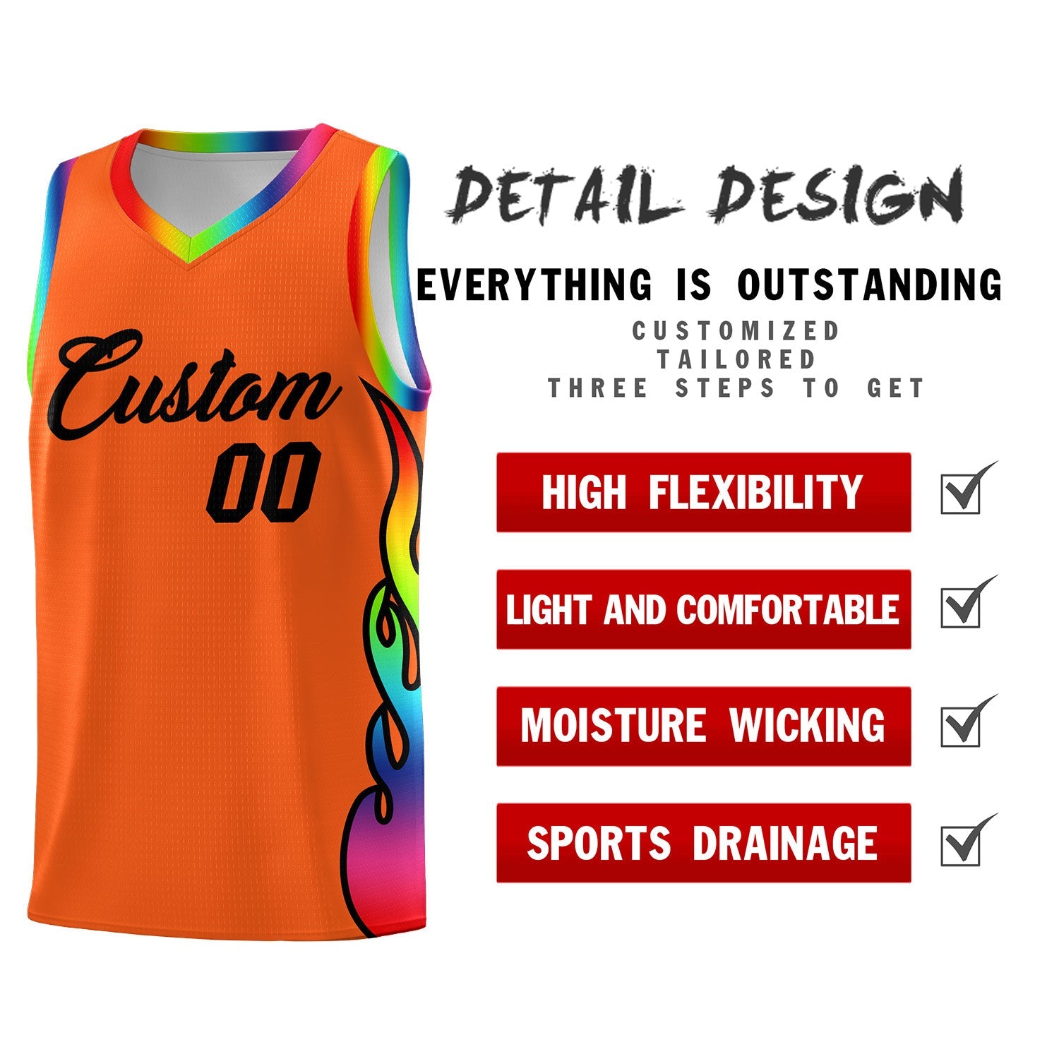 Custom Texas Orange Side Flame Pattern Fashion Sports Uniform Basketball Jersey