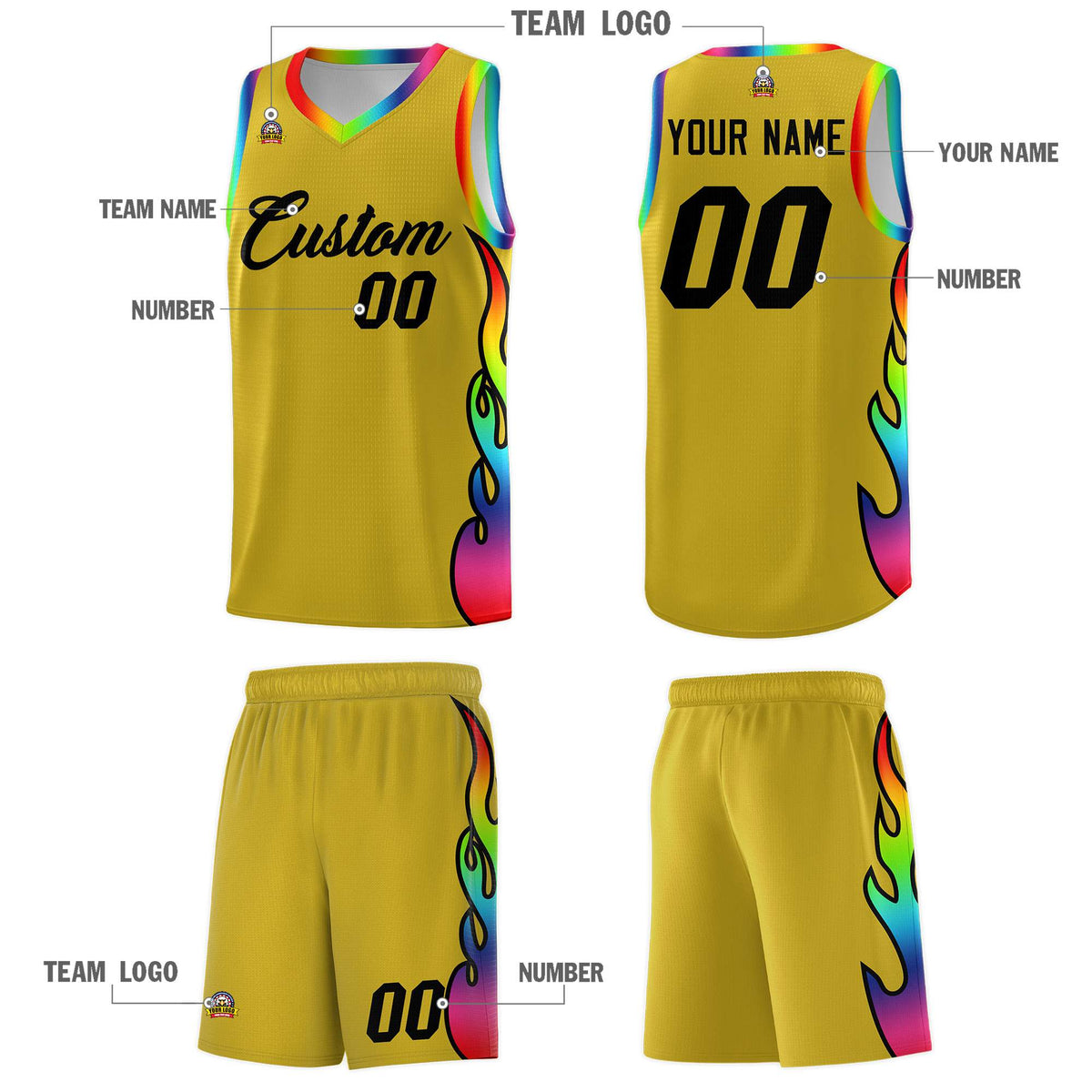 Custom Old Gold Side Flame Pattern Fashion Sports Uniform Basketball Jersey
