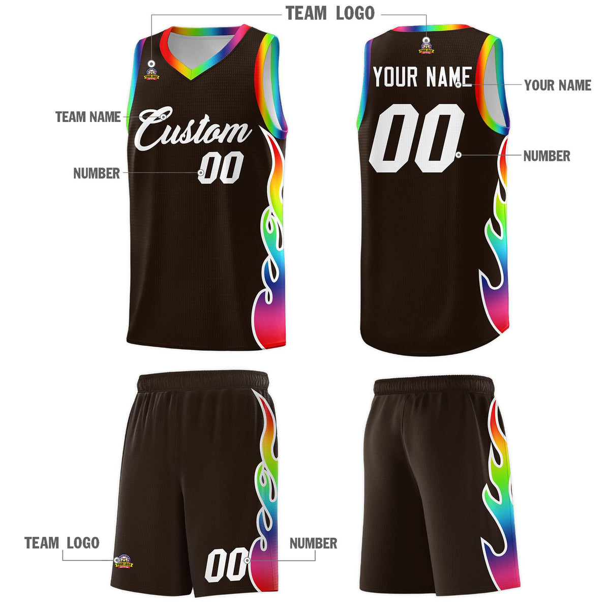Custom Brown Side Flame Pattern Fashion Sports Uniform Basketball Jersey