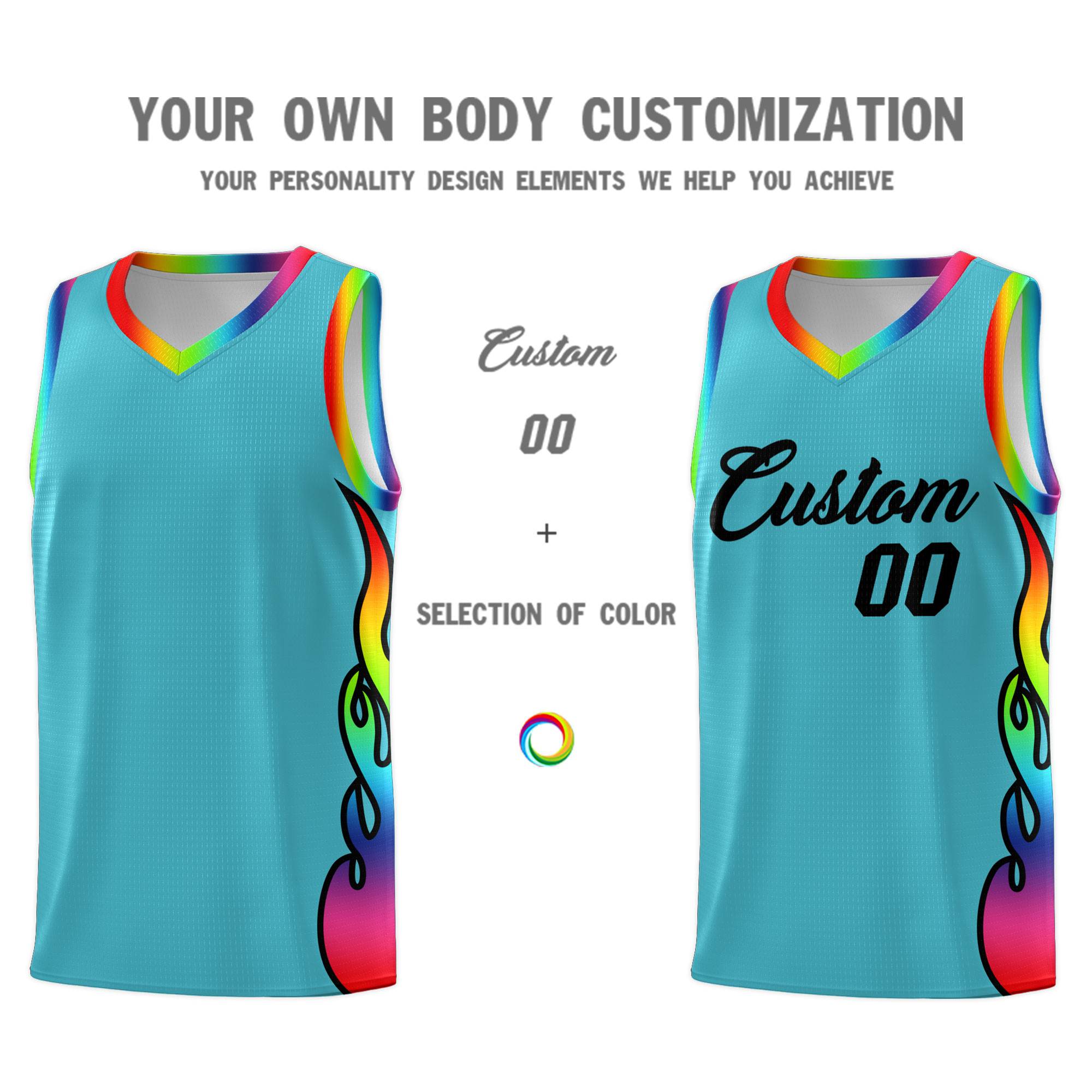 Custom Sky Blue Side Flame Pattern Fashion Sports Uniform Basketball Jersey