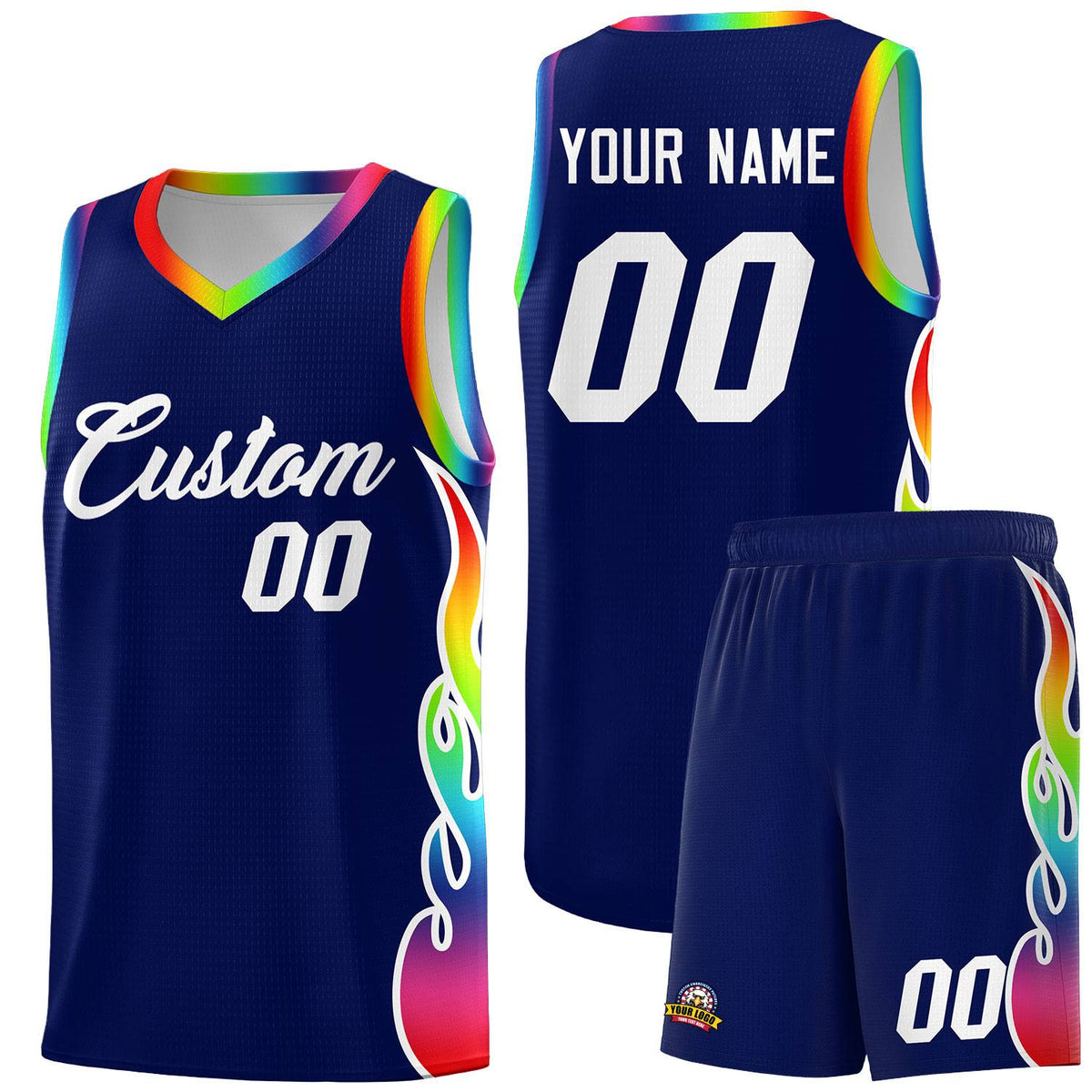 Custom Navy Side Flame Pattern Fashion Sports Uniform Basketball Jersey