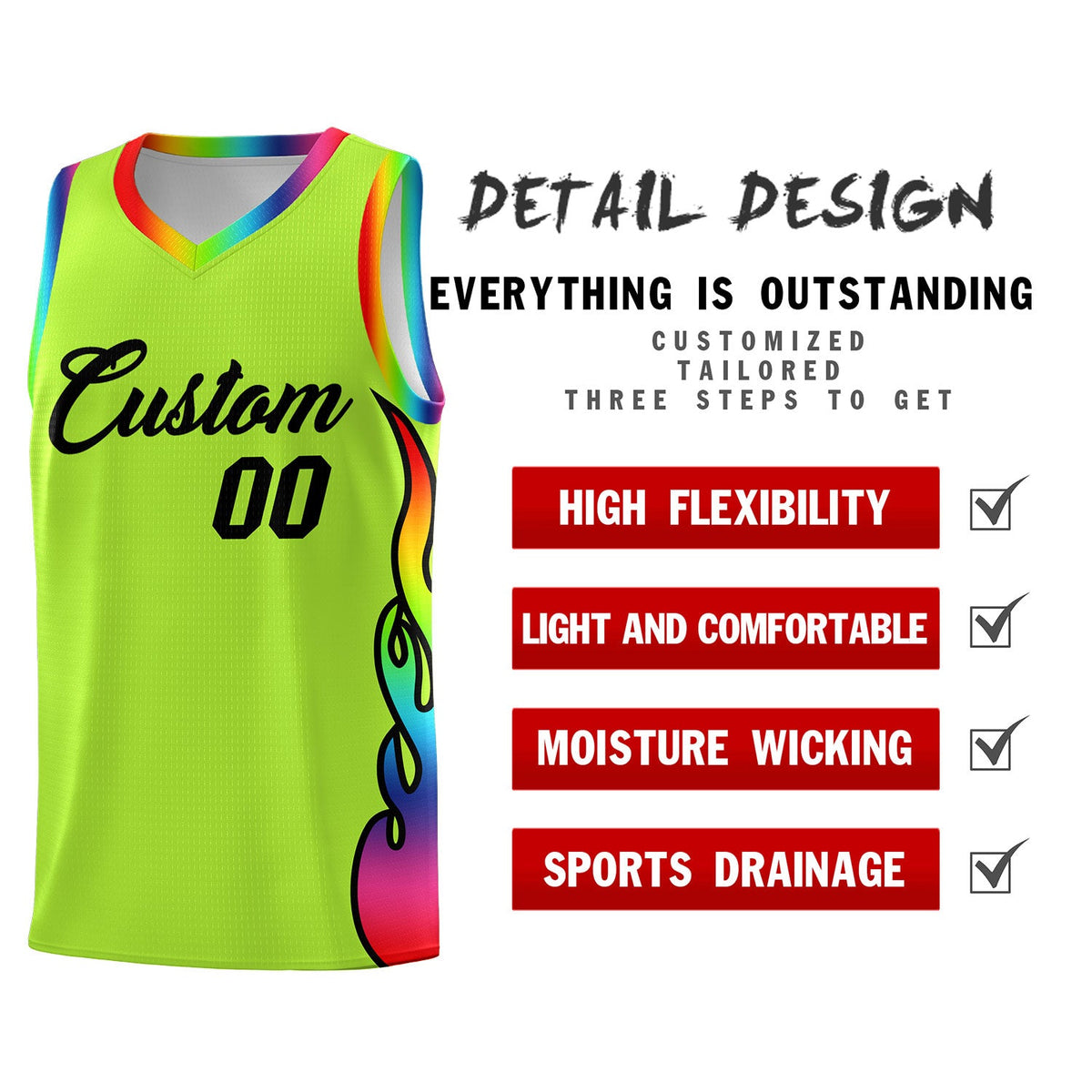Custom Neon Green Side Flame Pattern Fashion Sports Uniform Basketball Jersey