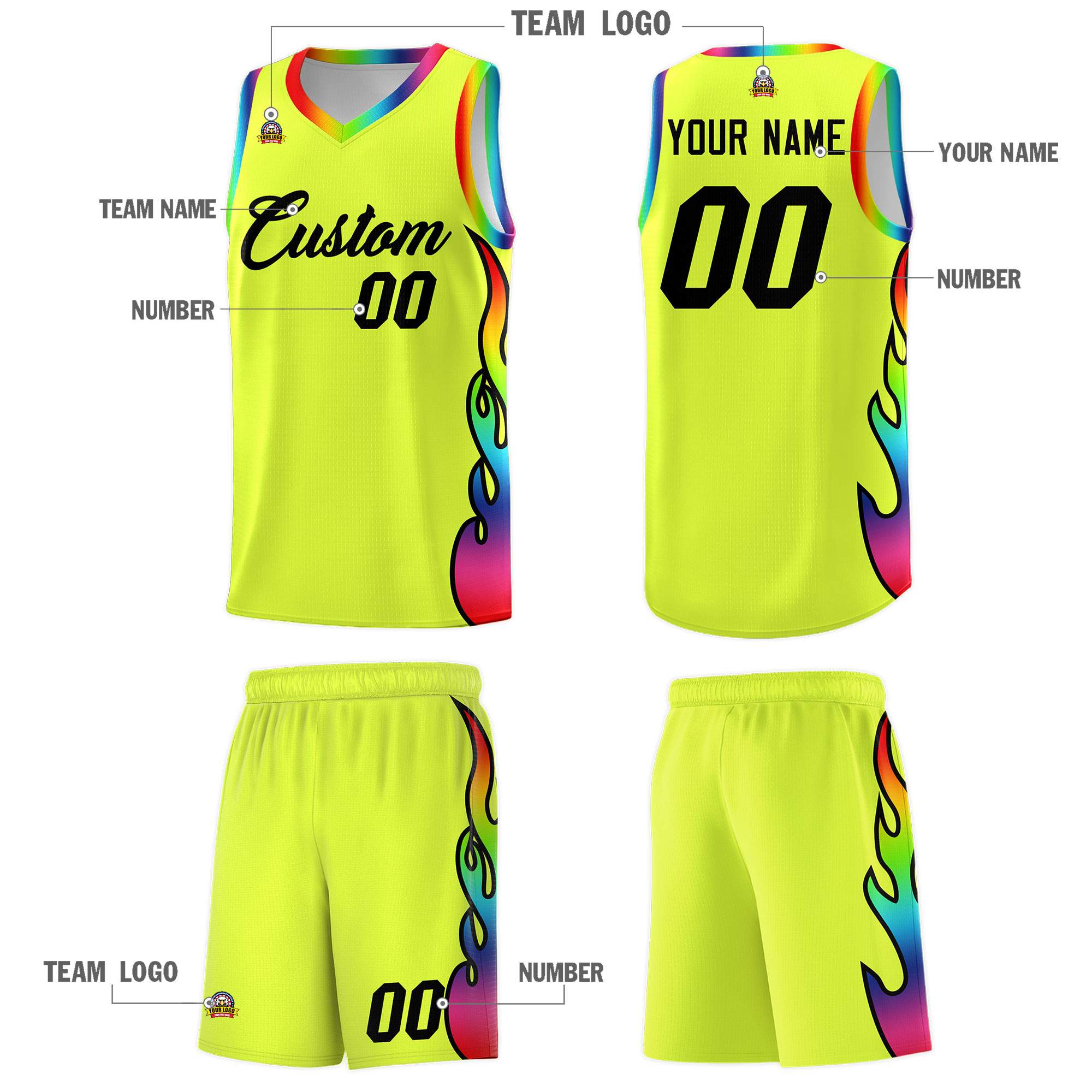 Custom Fluorescent Green Side Flame Pattern Fashion Sports Uniform Basketball Jersey