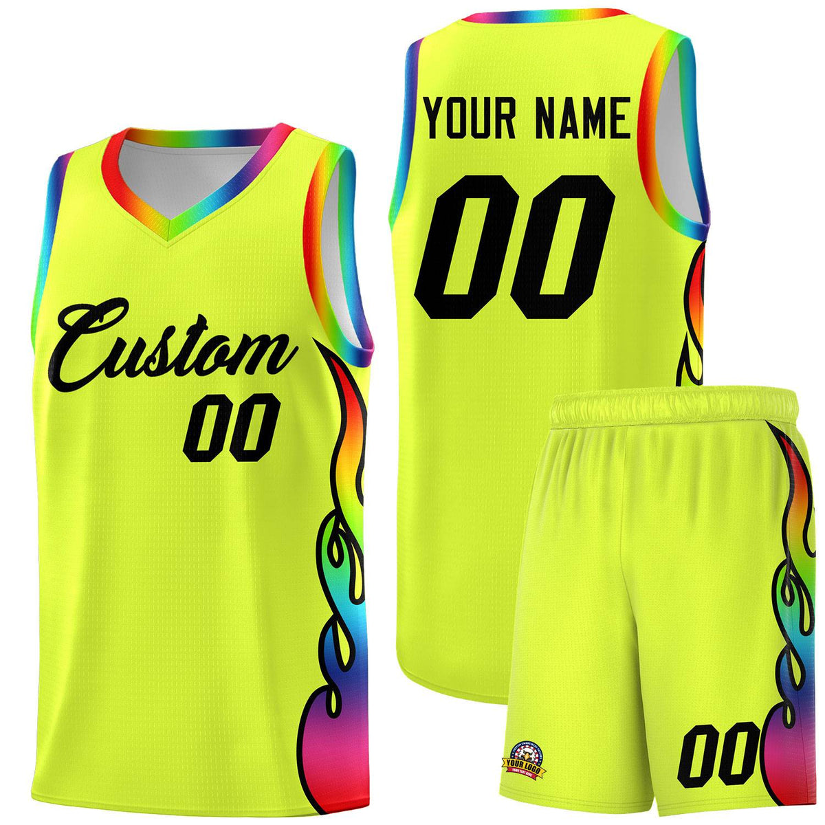 Custom Fluorescent Green Side Flame Pattern Fashion Sports Uniform Basketball Jersey