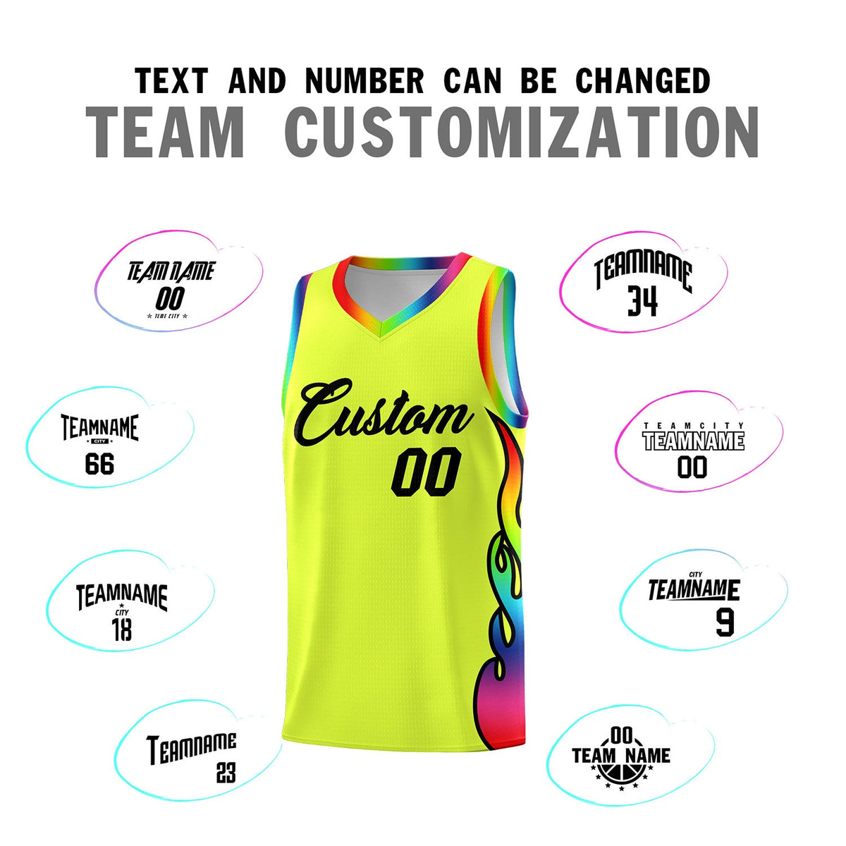 Custom Fluorescent Green Side Flame Pattern Fashion Sports Uniform Basketball Jersey