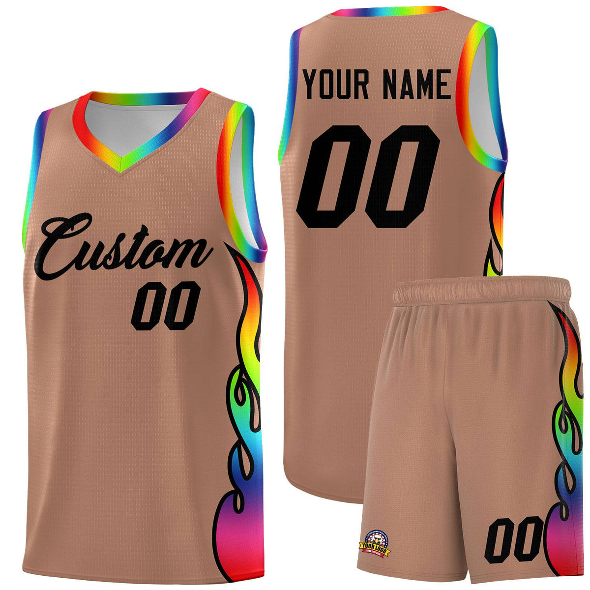 Custom Light Brown Side Flame Pattern Fashion Sports Uniform Basketball Jersey