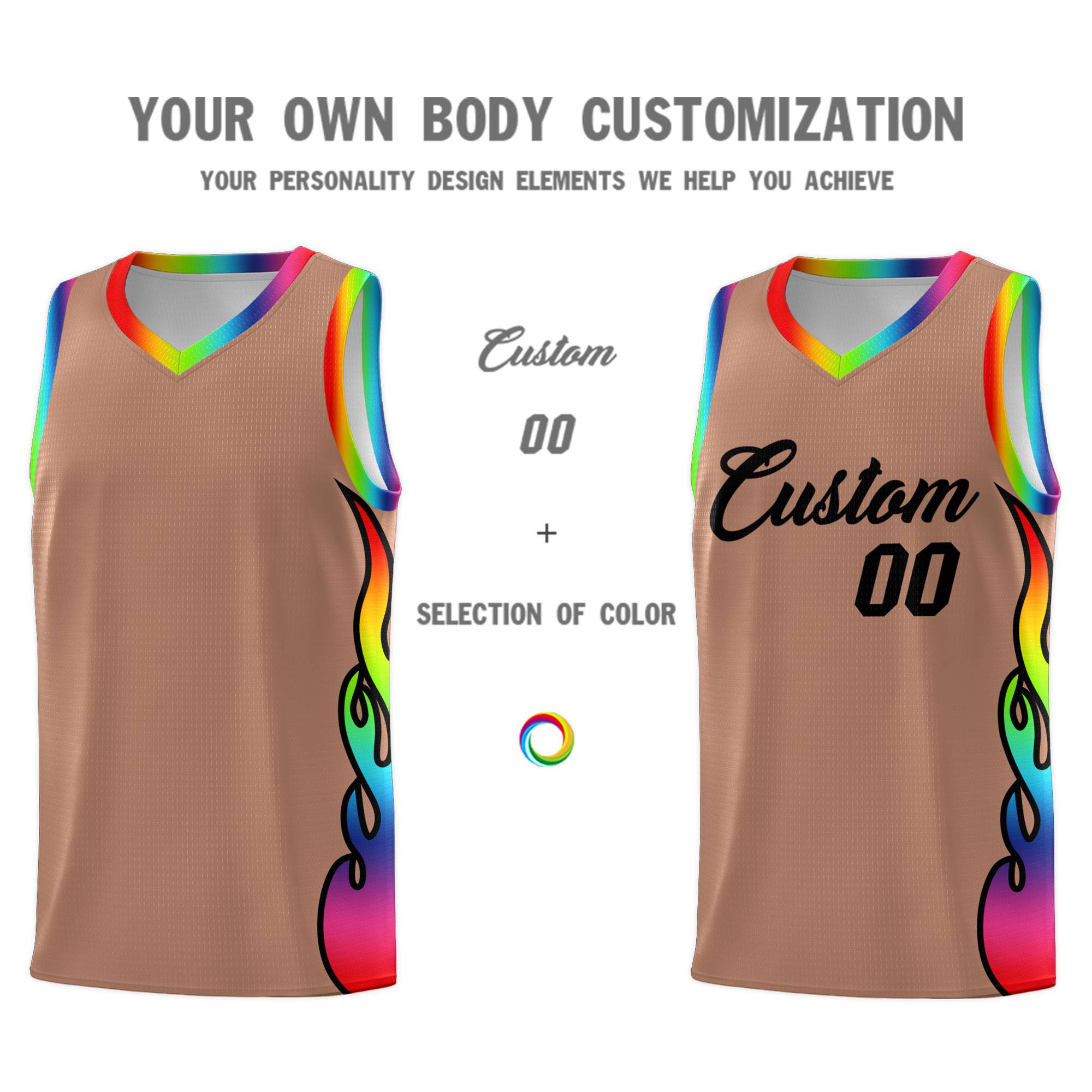 Custom Light Brown Side Flame Pattern Fashion Sports Uniform Basketball Jersey
