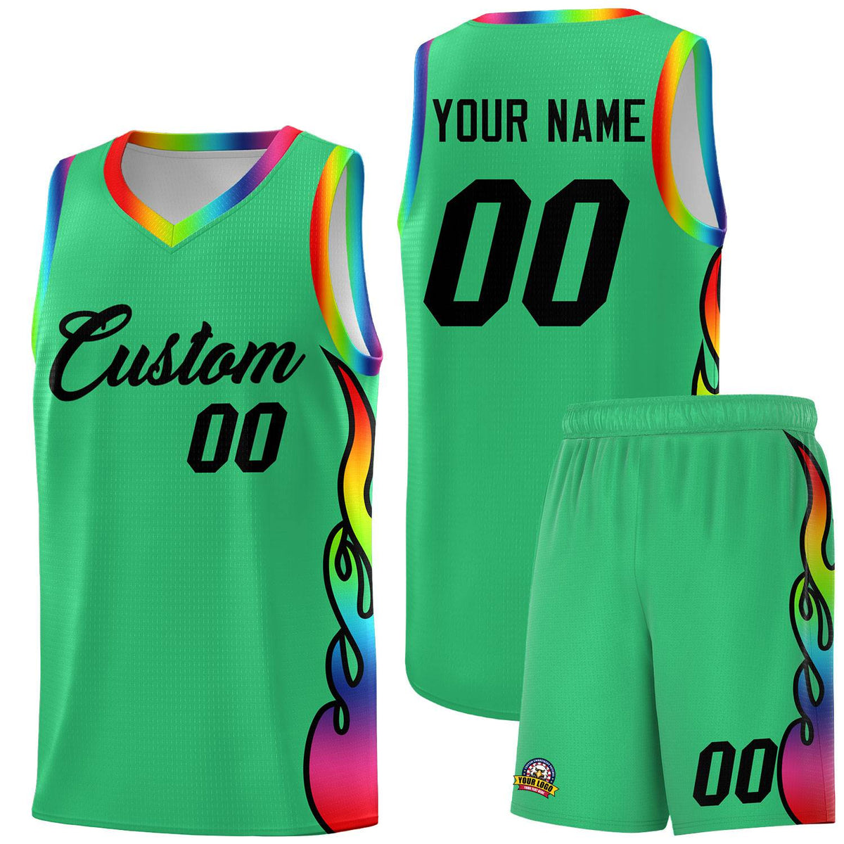 Custom Kelly Green Side Flame Pattern Fashion Sports Uniform Basketball Jersey