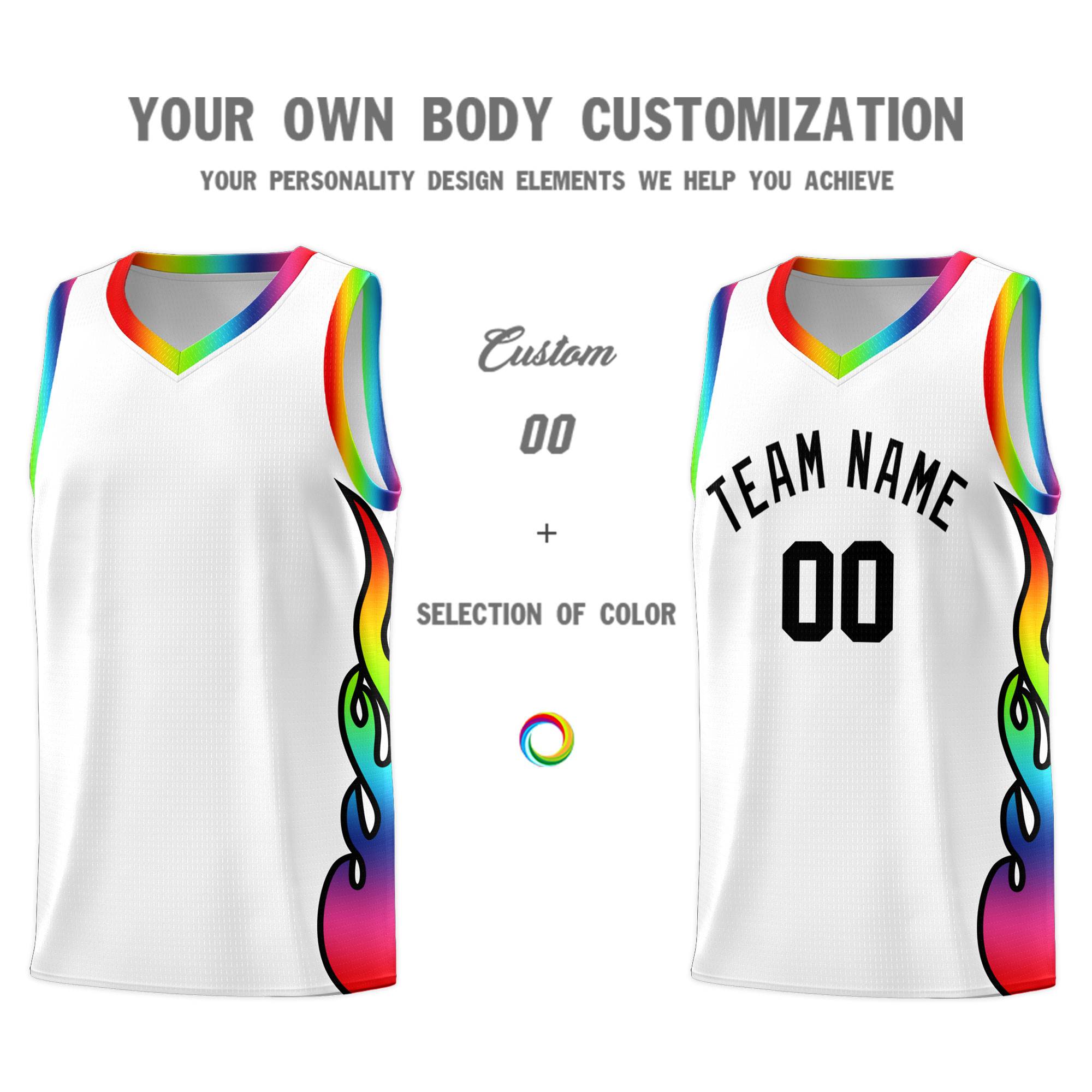 Custom White Side Flame Pattern Fashion Sports Uniform Basketball Jersey