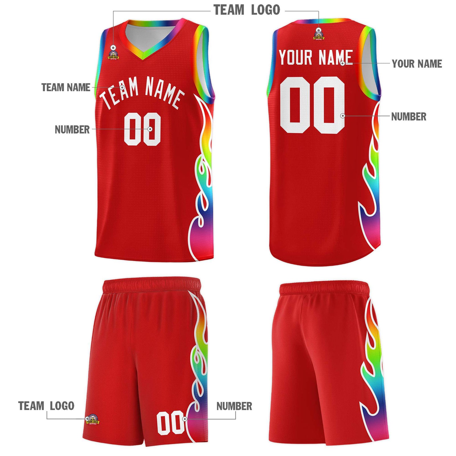 Custom Red Side Flame Pattern Fashion Sports Uniform Basketball Jersey