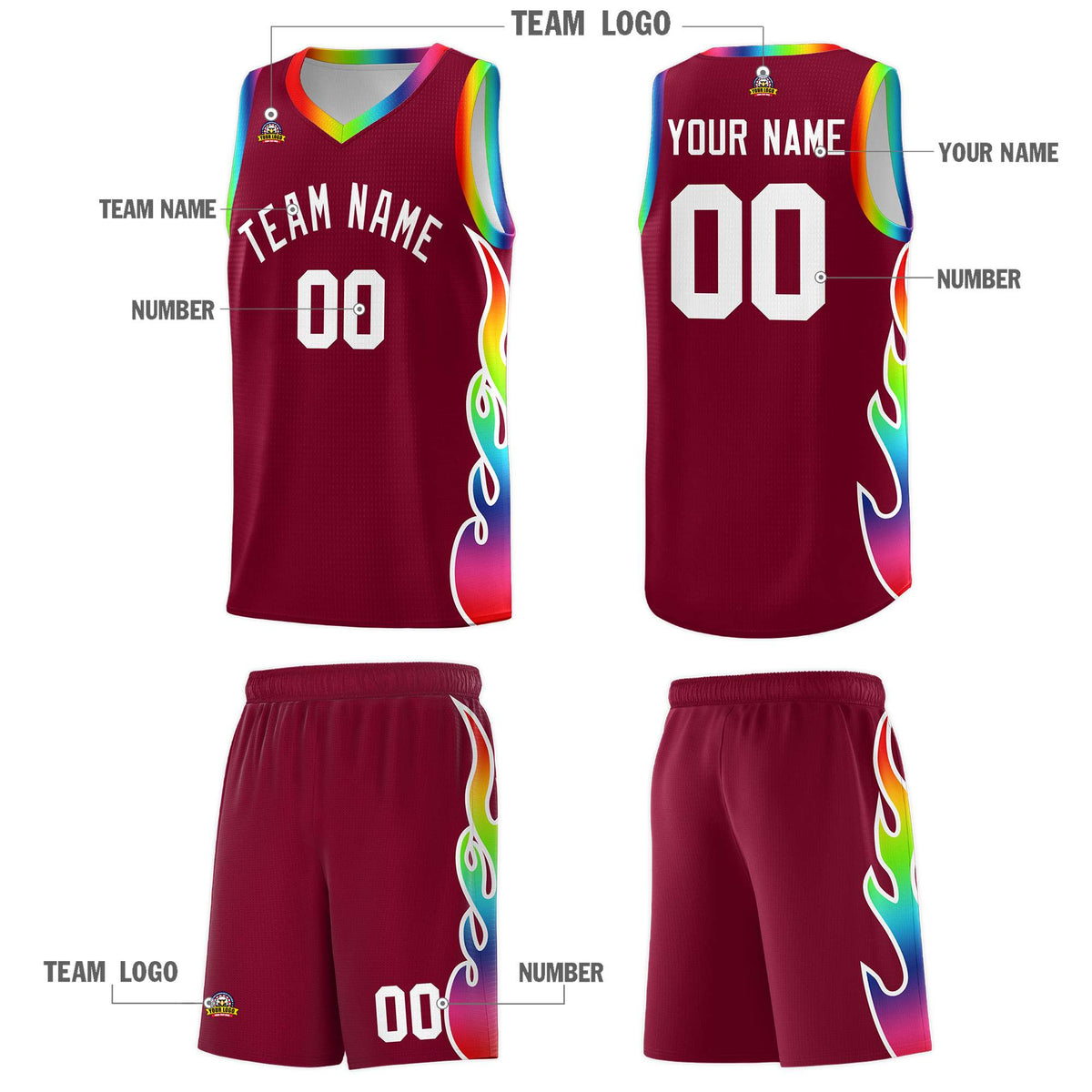 Custom Crimson Side Flame Pattern Fashion Sports Uniform Basketball Jersey