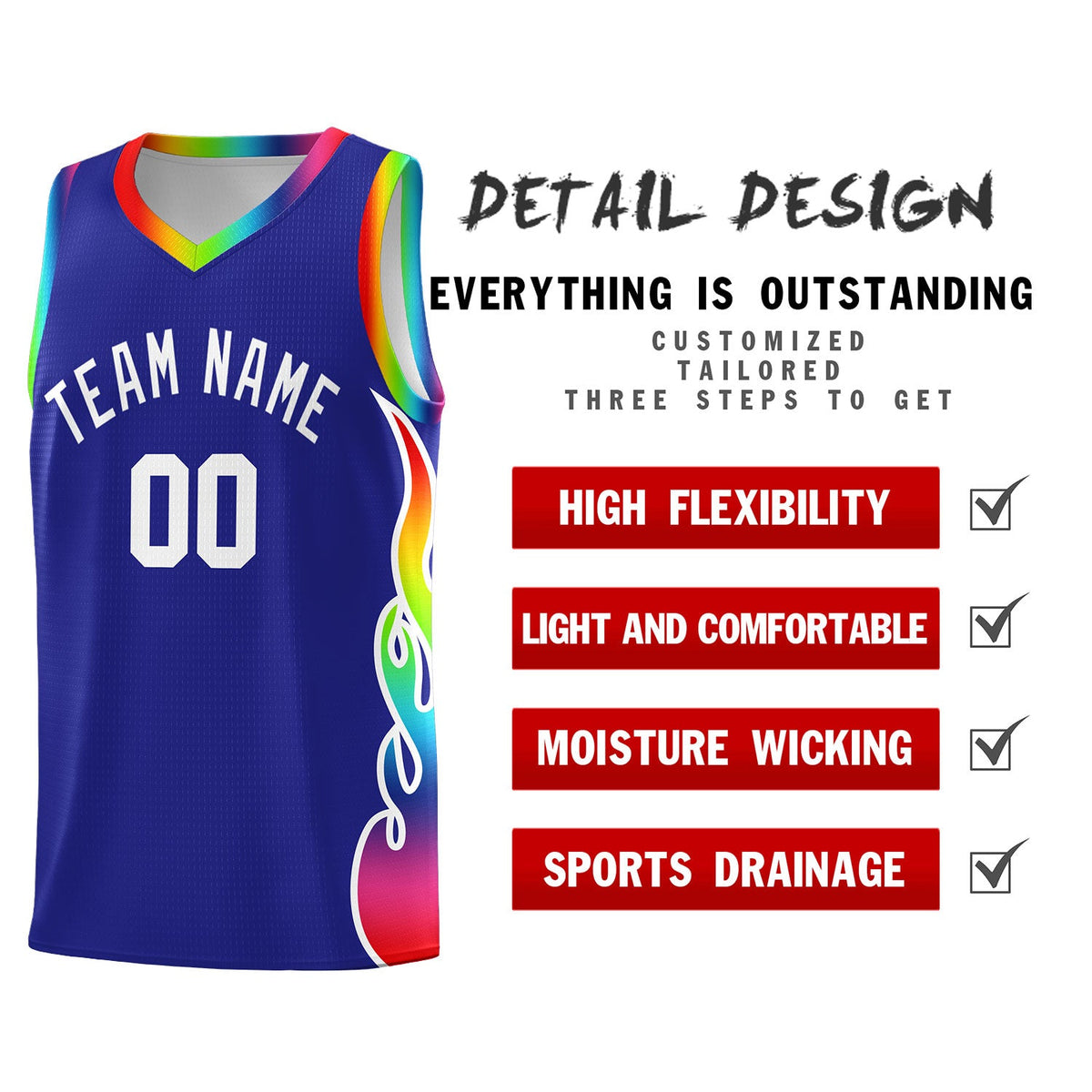 Custom Royal Side Flame Pattern Fashion Sports Uniform Basketball Jersey