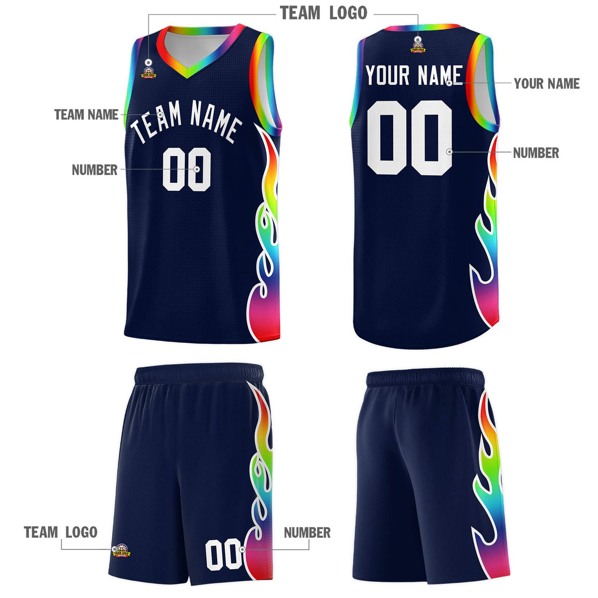 Custom Navy Side Flame Pattern Fashion Sports Uniform Basketball Jersey
