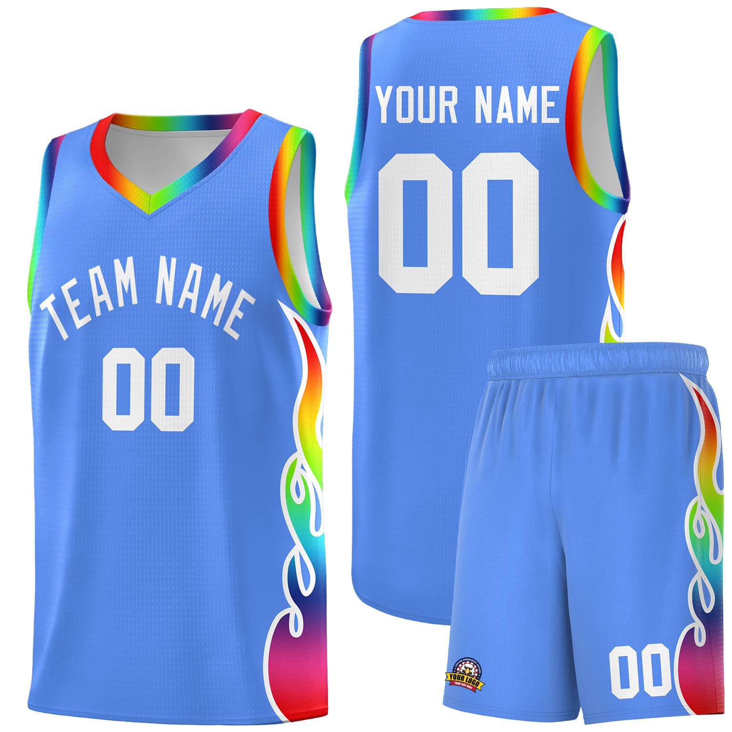 Custom Powder Blue Side Flame Pattern Fashion Sports Uniform Basketball Jersey