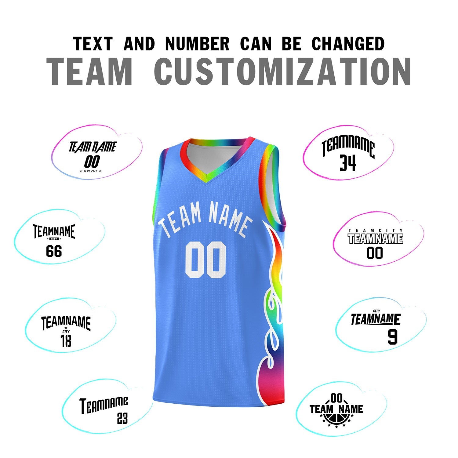 Custom Powder Blue Side Flame Pattern Fashion Sports Uniform Basketball Jersey