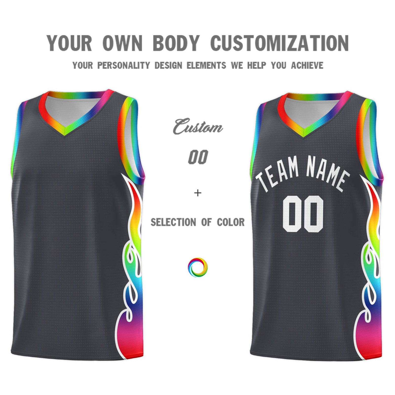 Custom Dark Gray Side Flame Pattern Fashion Sports Uniform Basketball Jersey