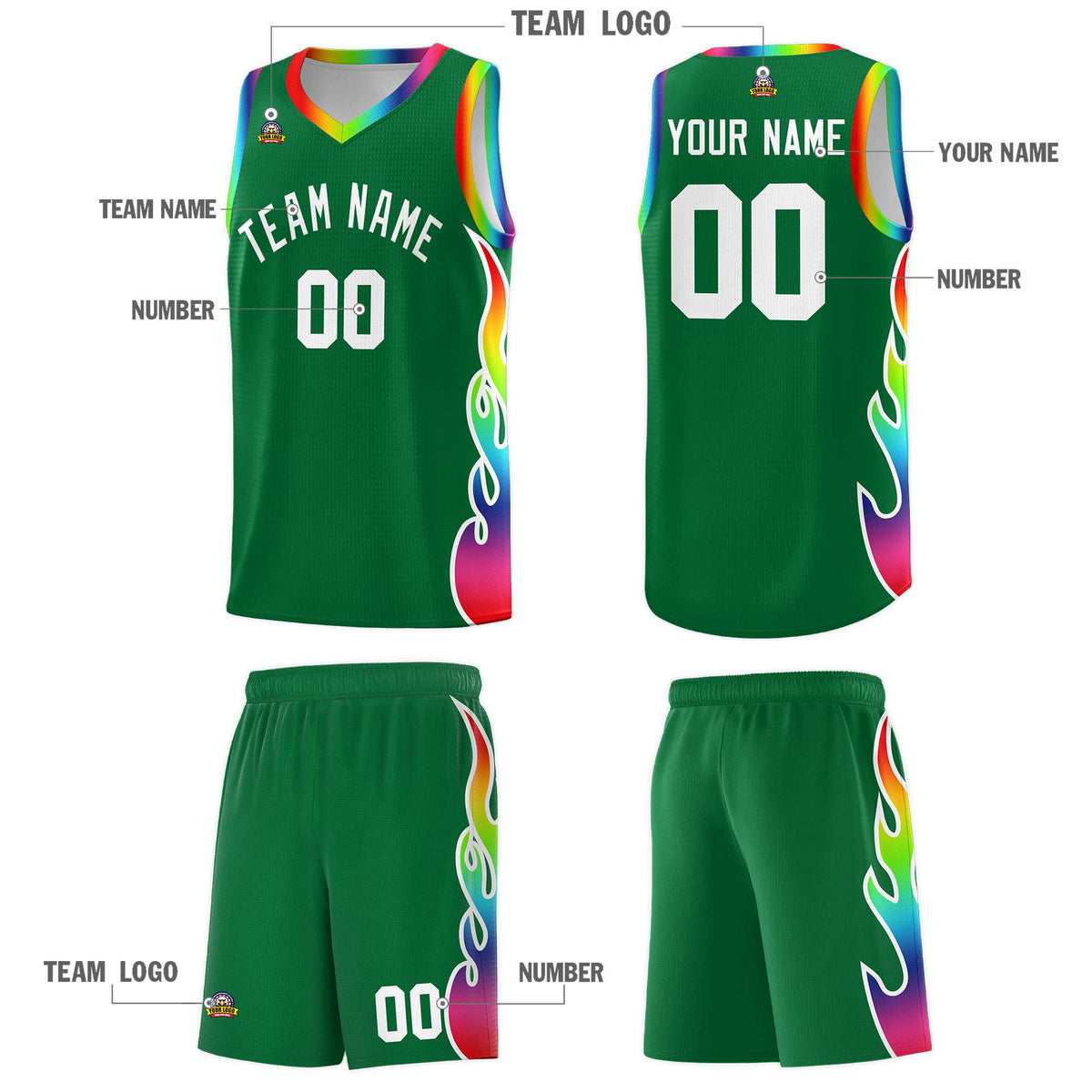 Custom Kelly Green Side Flame Pattern Fashion Sports Uniform Basketball Jersey