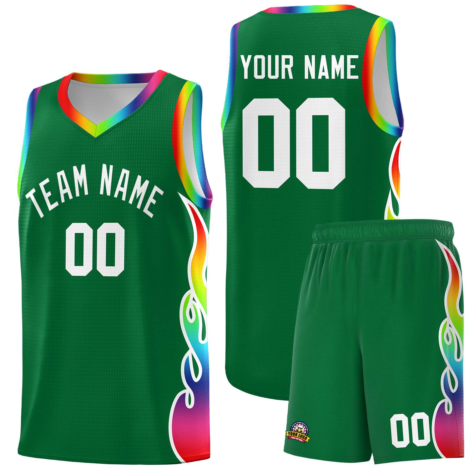 Custom Kelly Green Side Flame Pattern Fashion Sports Uniform Basketball Jersey
