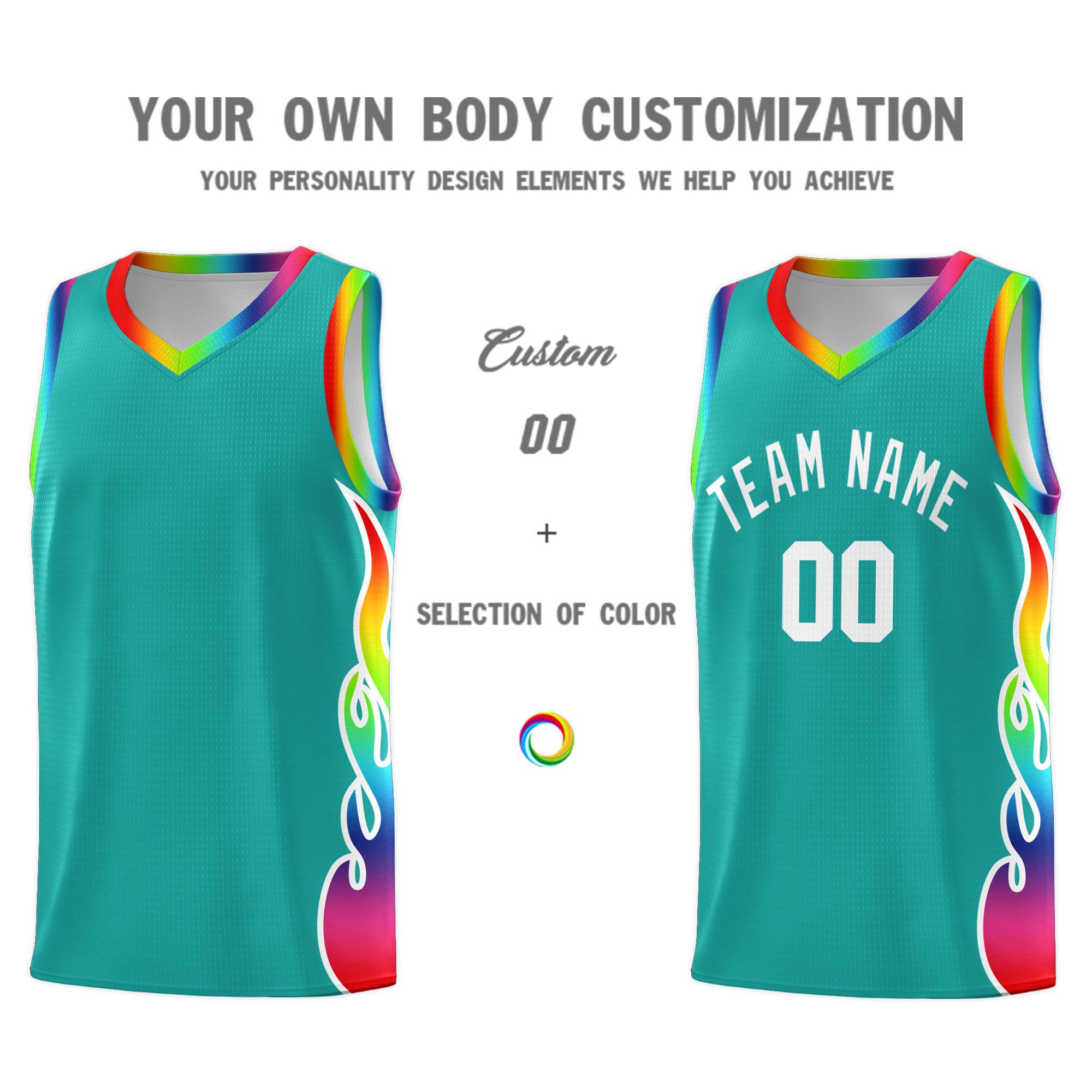 Custom Aqua Side Flame Pattern Fashion Sports Uniform Basketball Jersey