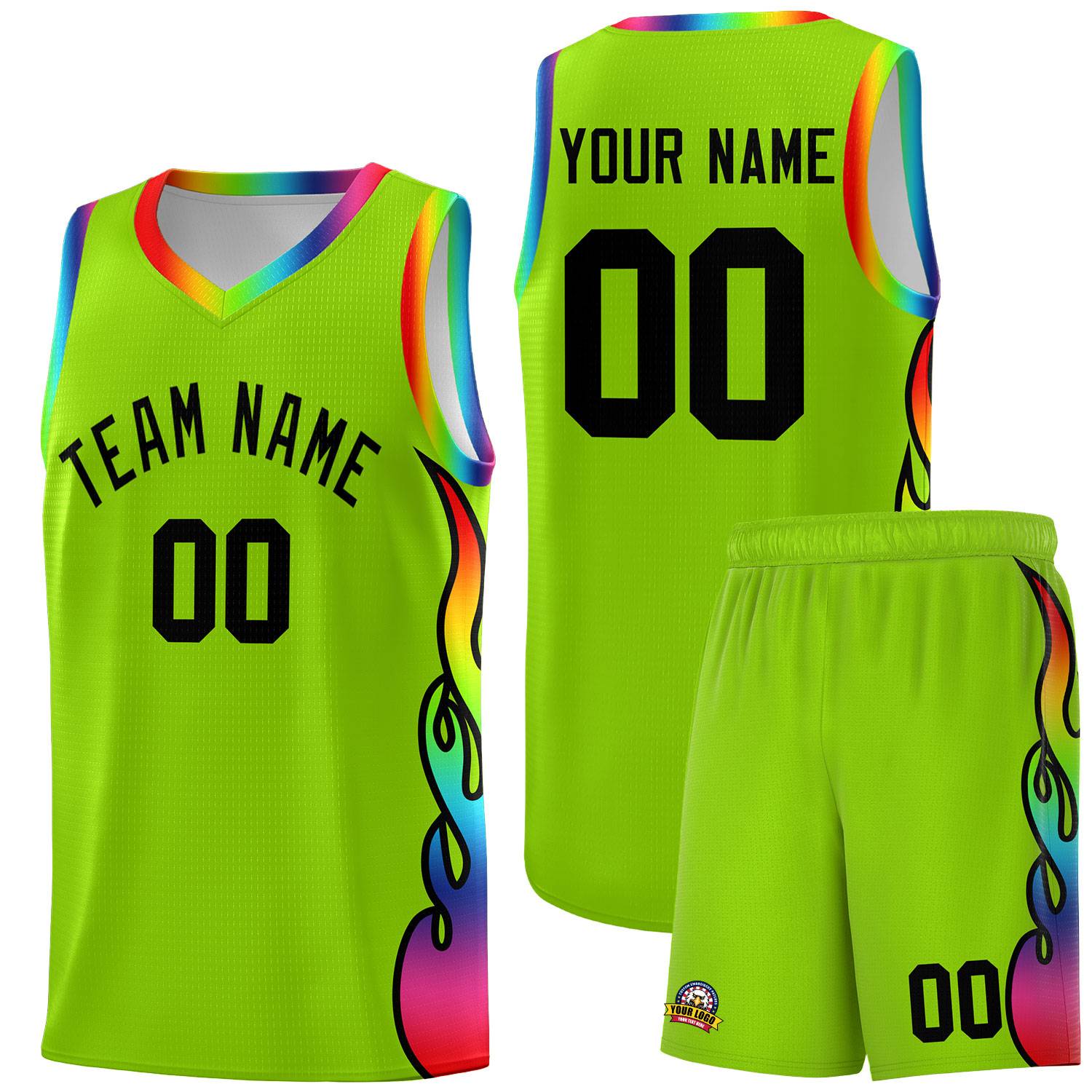 Custom Neon Green Side Flame Pattern Fashion Sports Uniform Basketball Jersey