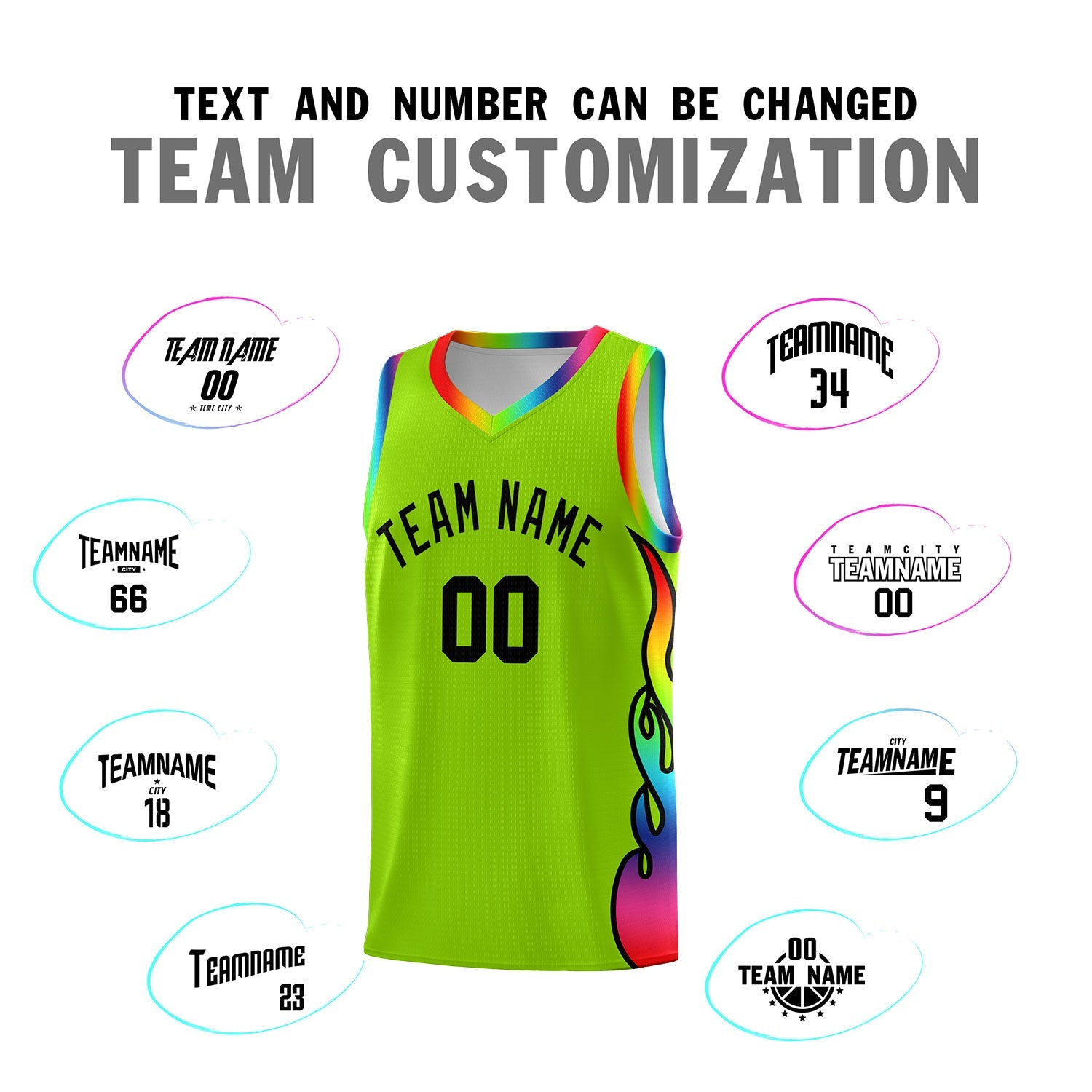 Custom Neon Green Side Flame Pattern Fashion Sports Uniform Basketball Jersey
