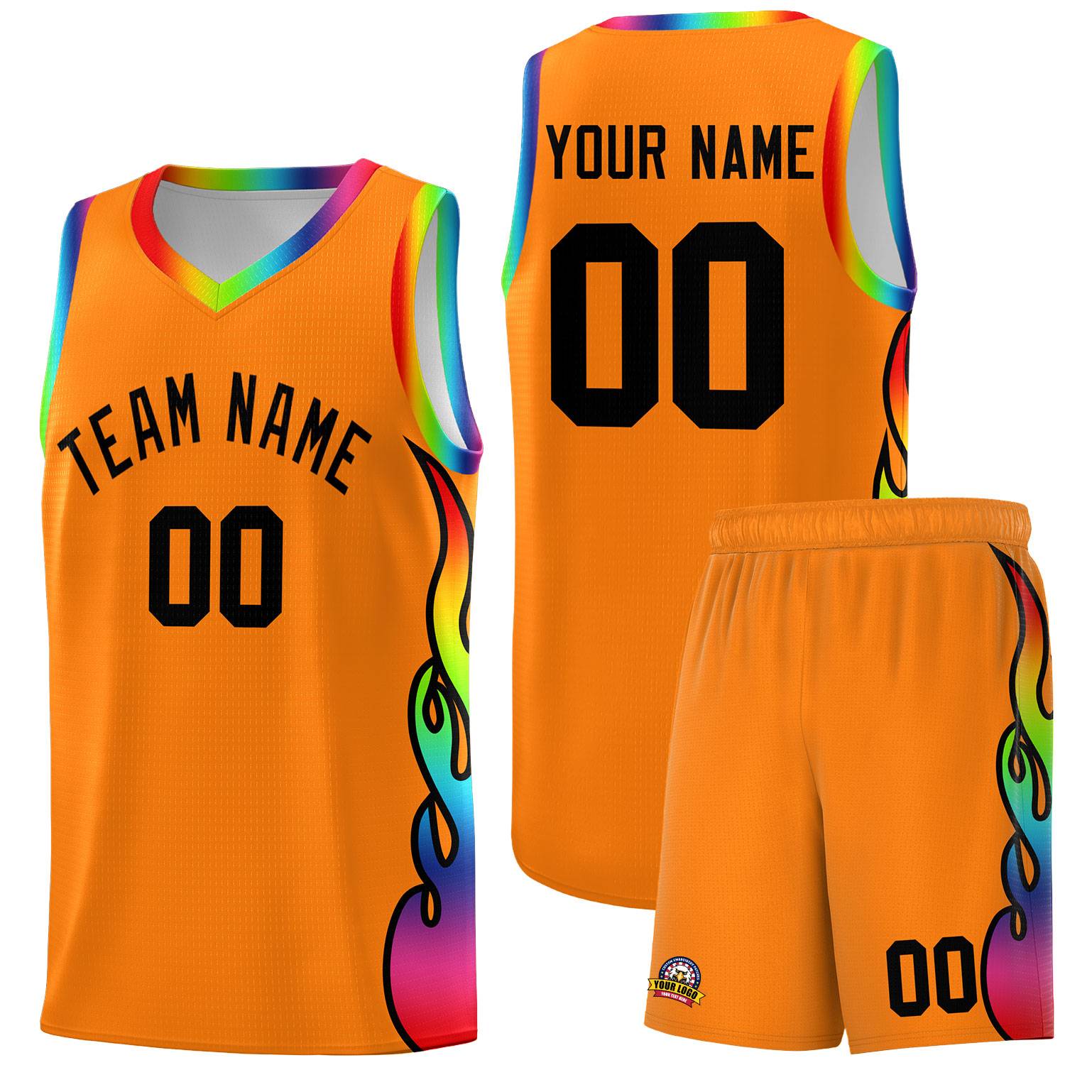 Custom Orange Side Flame Pattern Fashion Sports Uniform Basketball Jersey