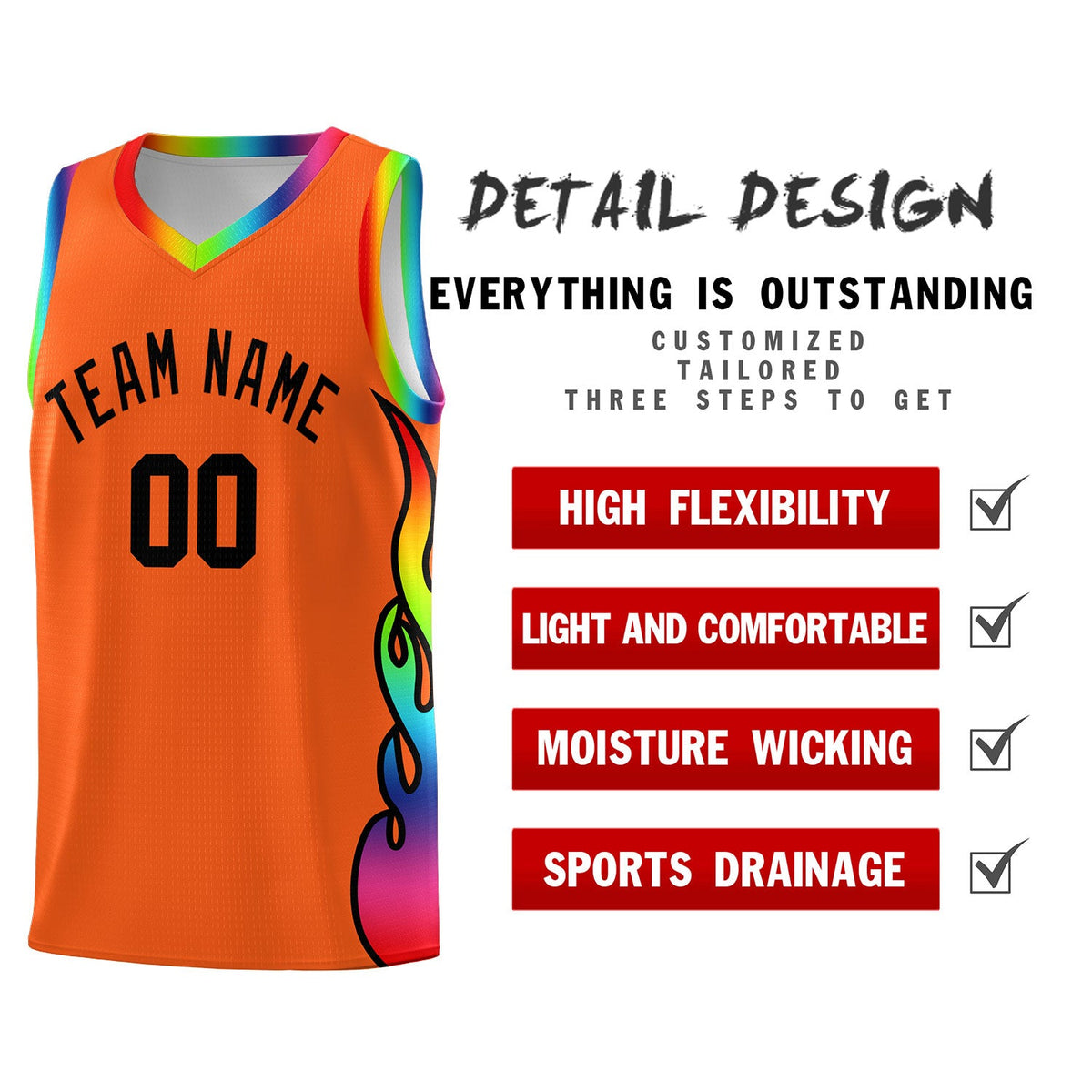 Custom Texas Orange Side Flame Pattern Fashion Sports Uniform Basketball Jersey