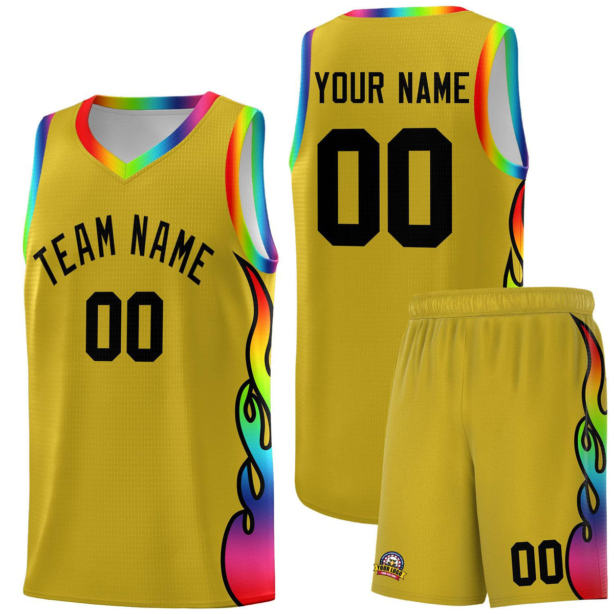 Custom Old Gold Side Flame Pattern Fashion Sports Uniform Basketball Jersey