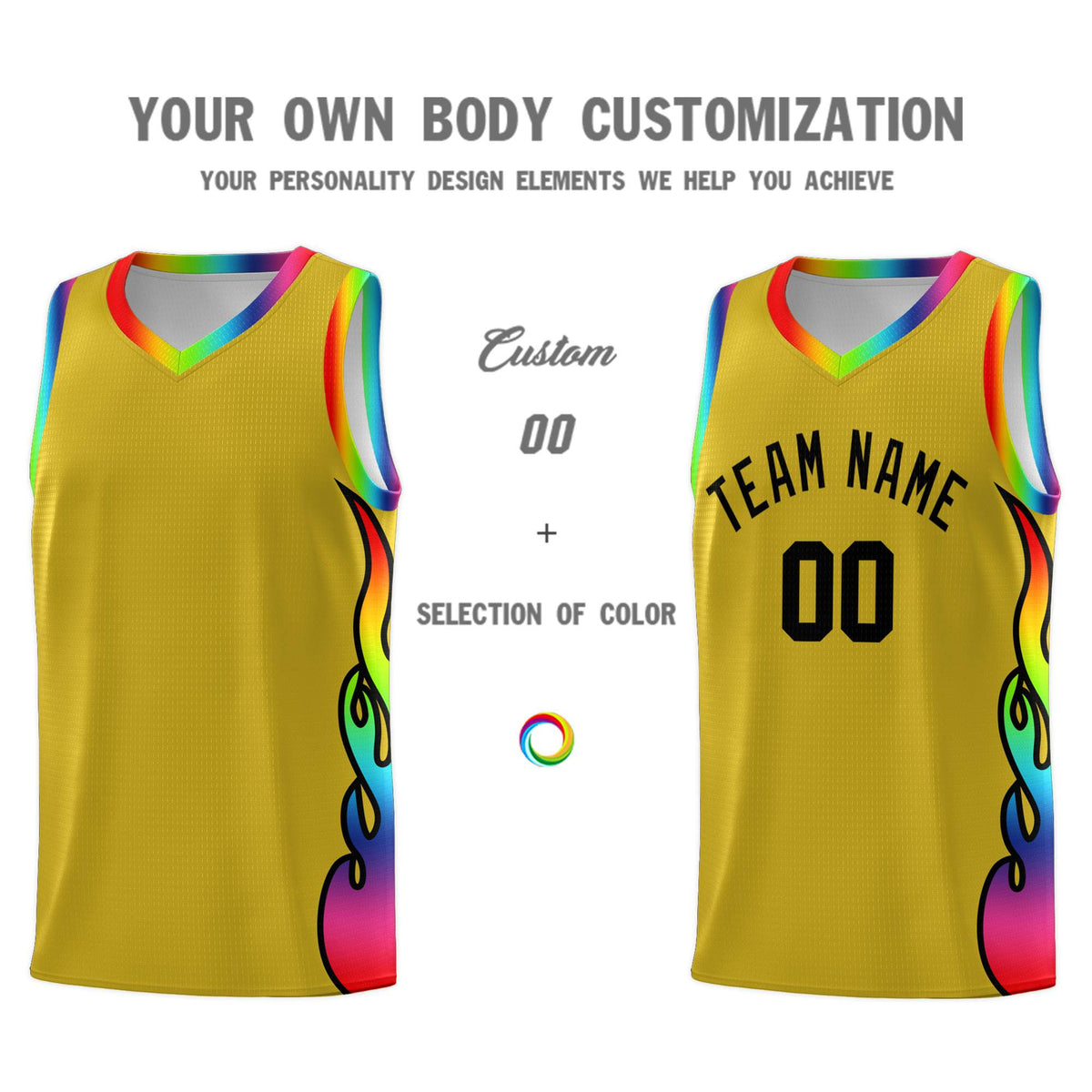 Custom Old Gold Side Flame Pattern Fashion Sports Uniform Basketball Jersey