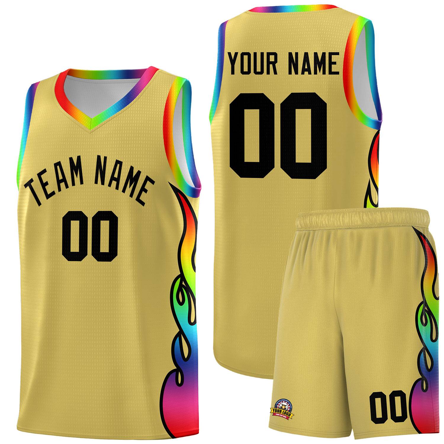 Custom Old Gold Side Flame Pattern Fashion Sports Uniform Basketball Jersey