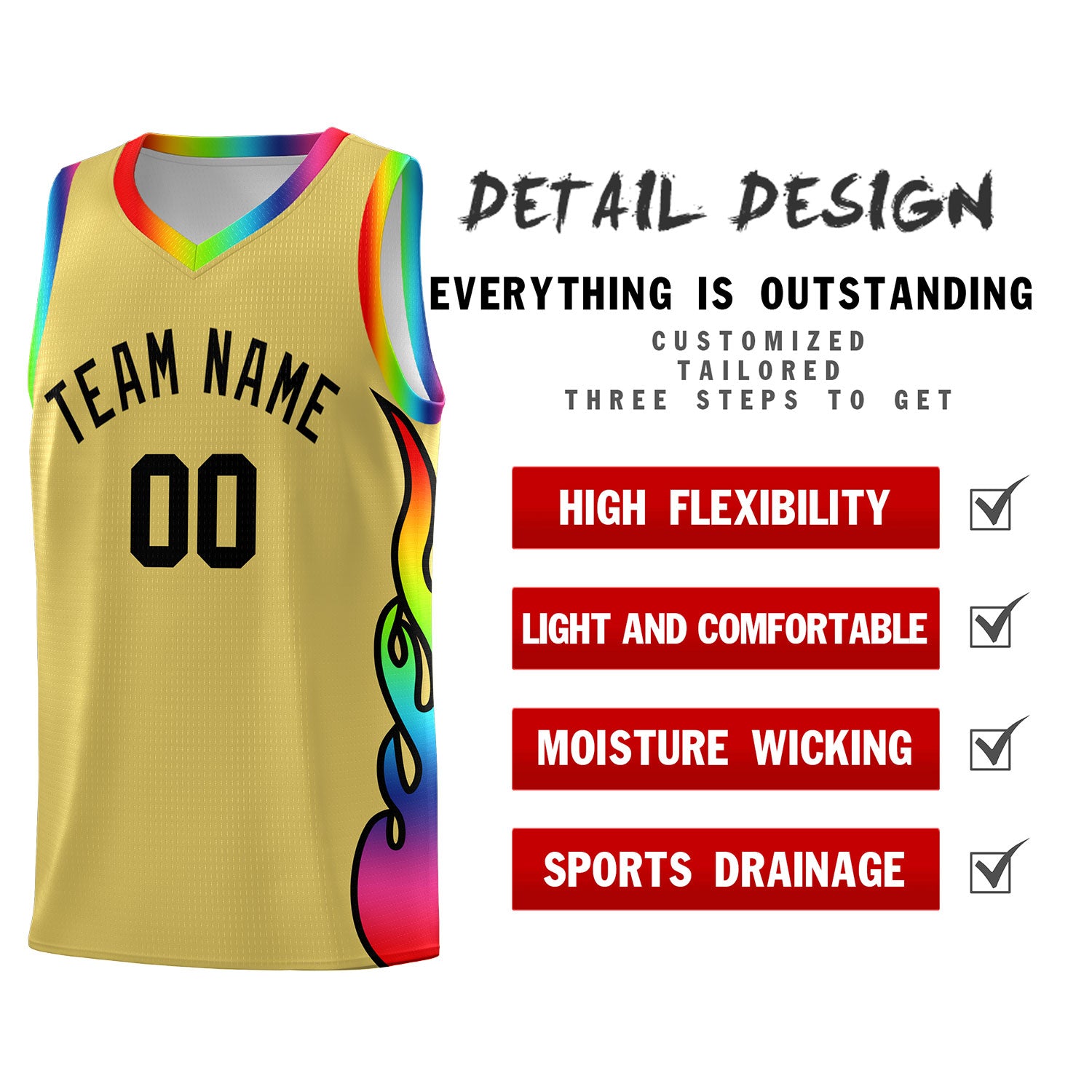 Custom Old Gold Side Flame Pattern Fashion Sports Uniform Basketball Jersey