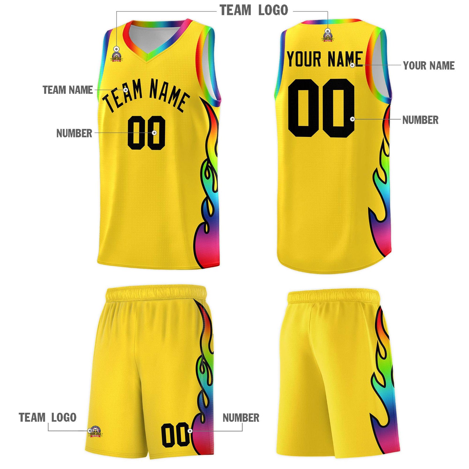 Custom Gold Side Flame Pattern Fashion Sports Uniform Basketball Jersey