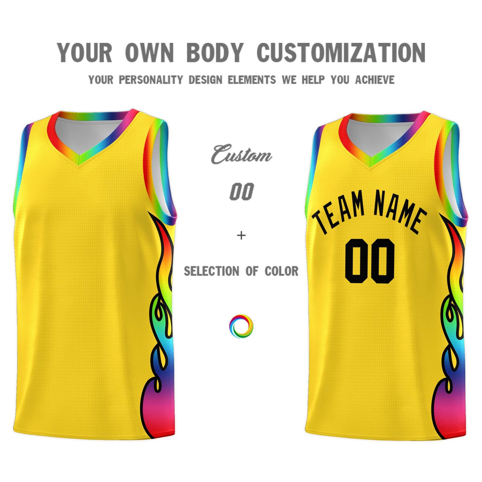 Custom Gold Side Flame Pattern Fashion Sports Uniform Basketball Jersey