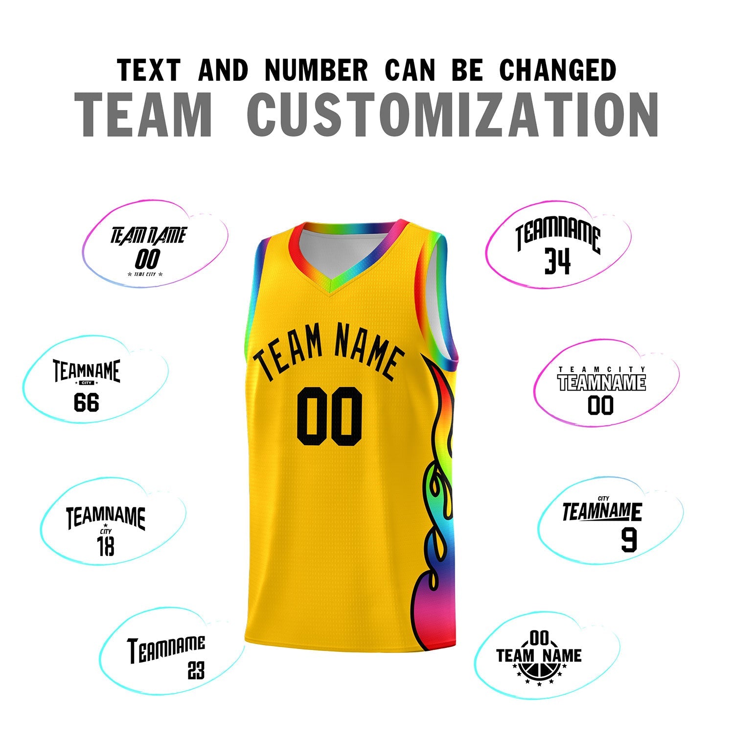 Custom Yellow Side Flame Pattern Fashion Sports Uniform Basketball Jersey