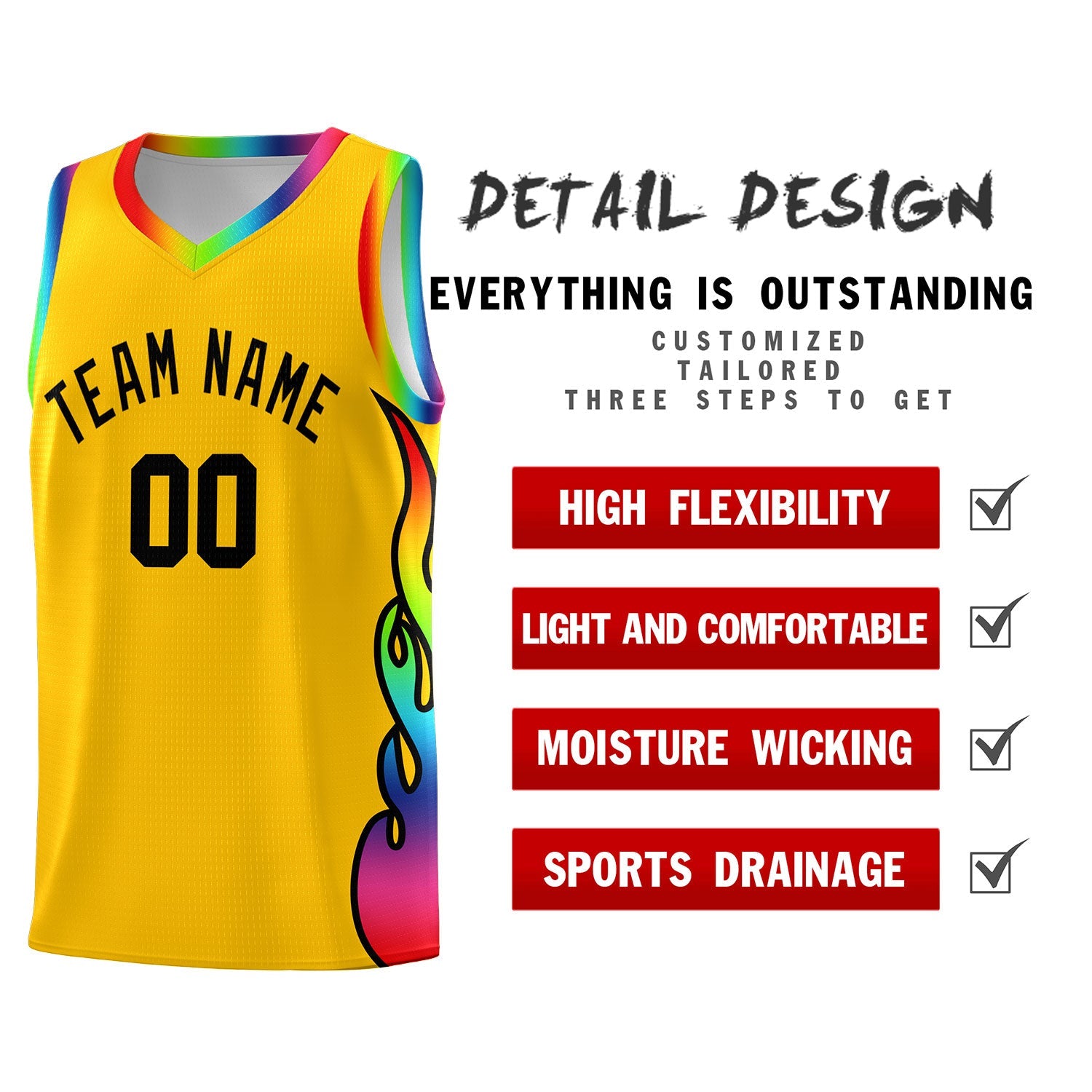 Custom Yellow Side Flame Pattern Fashion Sports Uniform Basketball Jersey