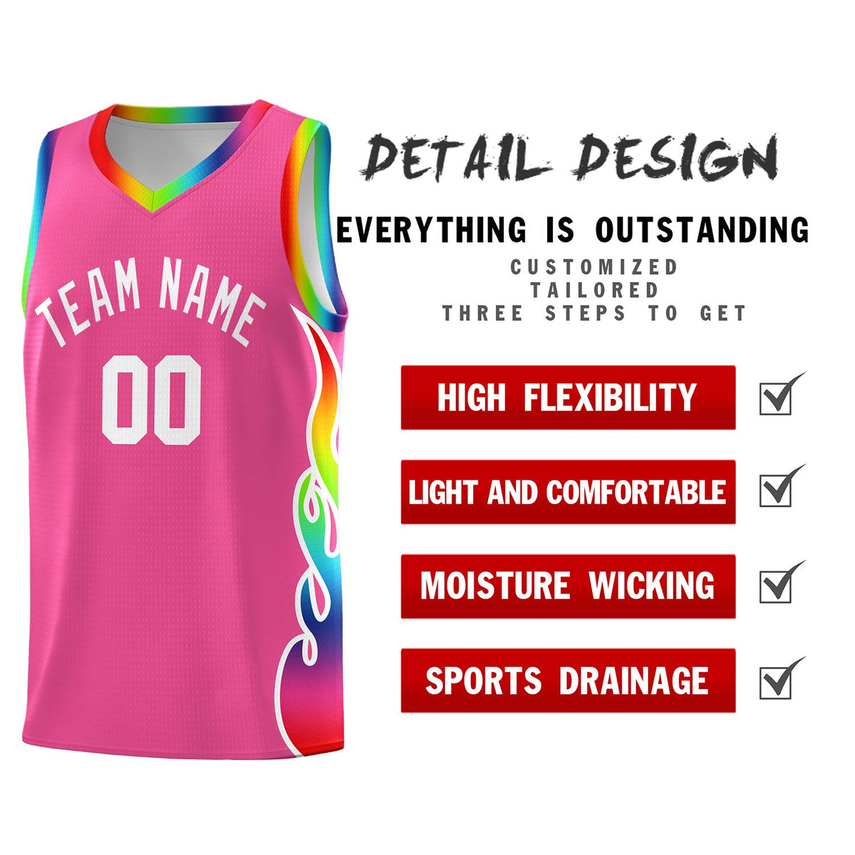 Custom Pink Side Flame Pattern Fashion Sports Uniform Basketball Jersey