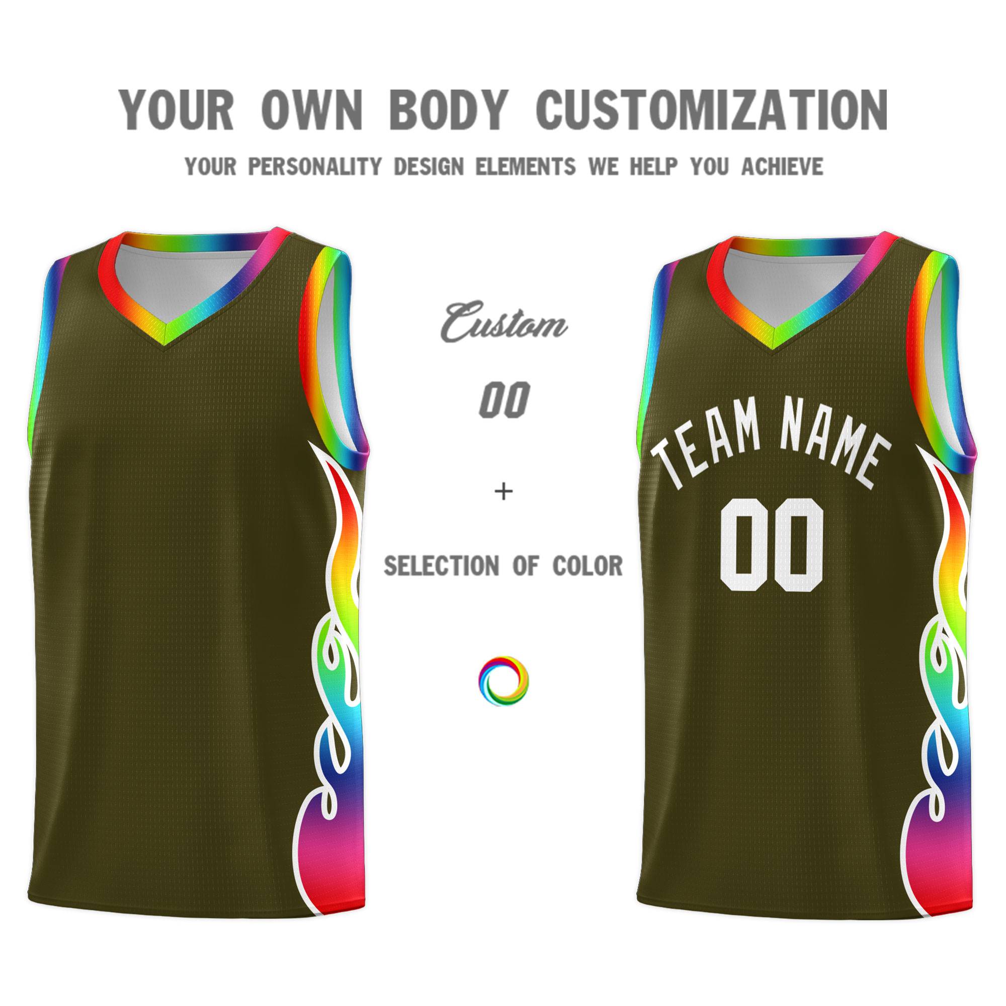 Custom Olive Side Flame Pattern Fashion Sports Uniform Basketball Jersey