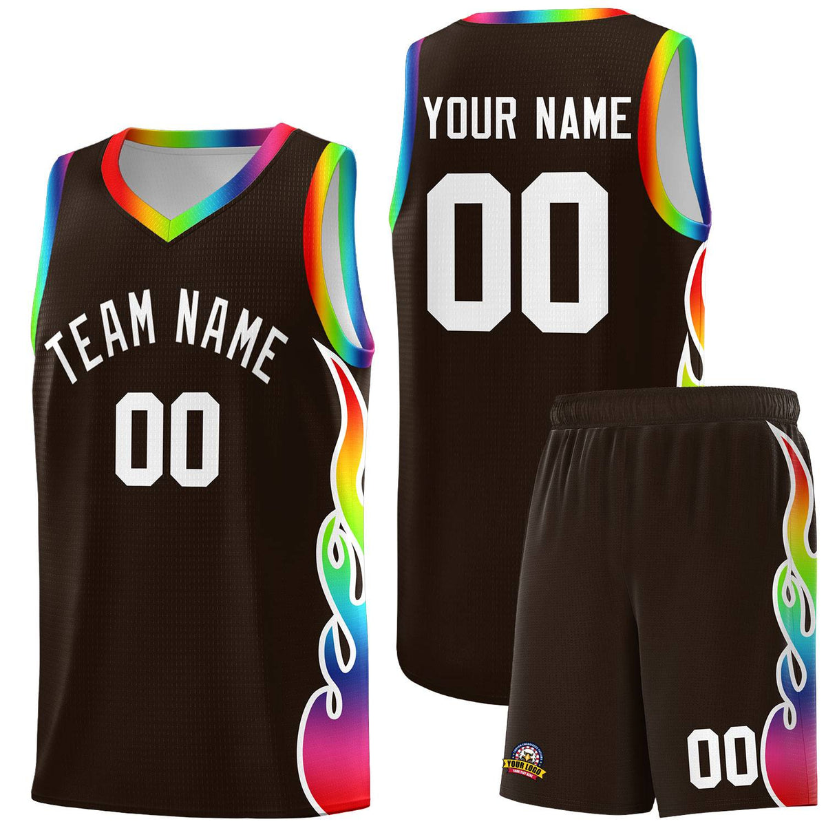 Custom Brown Side Flame Pattern Fashion Sports Uniform Basketball Jersey
