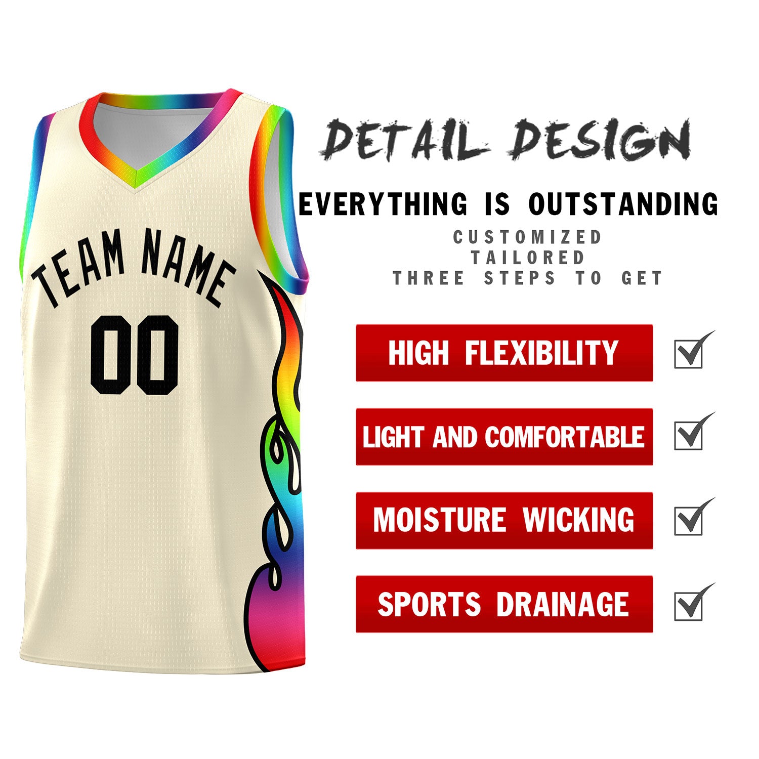 Custom Cream Side Flame Pattern Fashion Sports Uniform Basketball Jersey