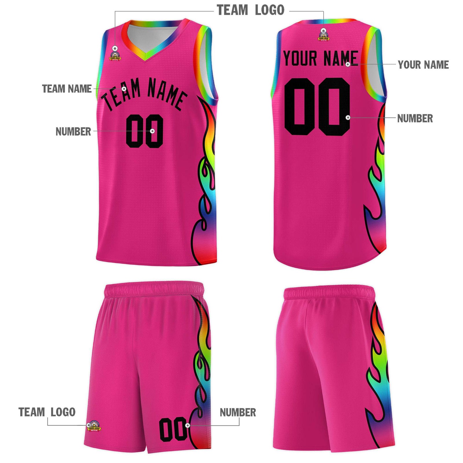 Custom Rose Red Side Flame Pattern Fashion Sports Uniform Basketball Jersey